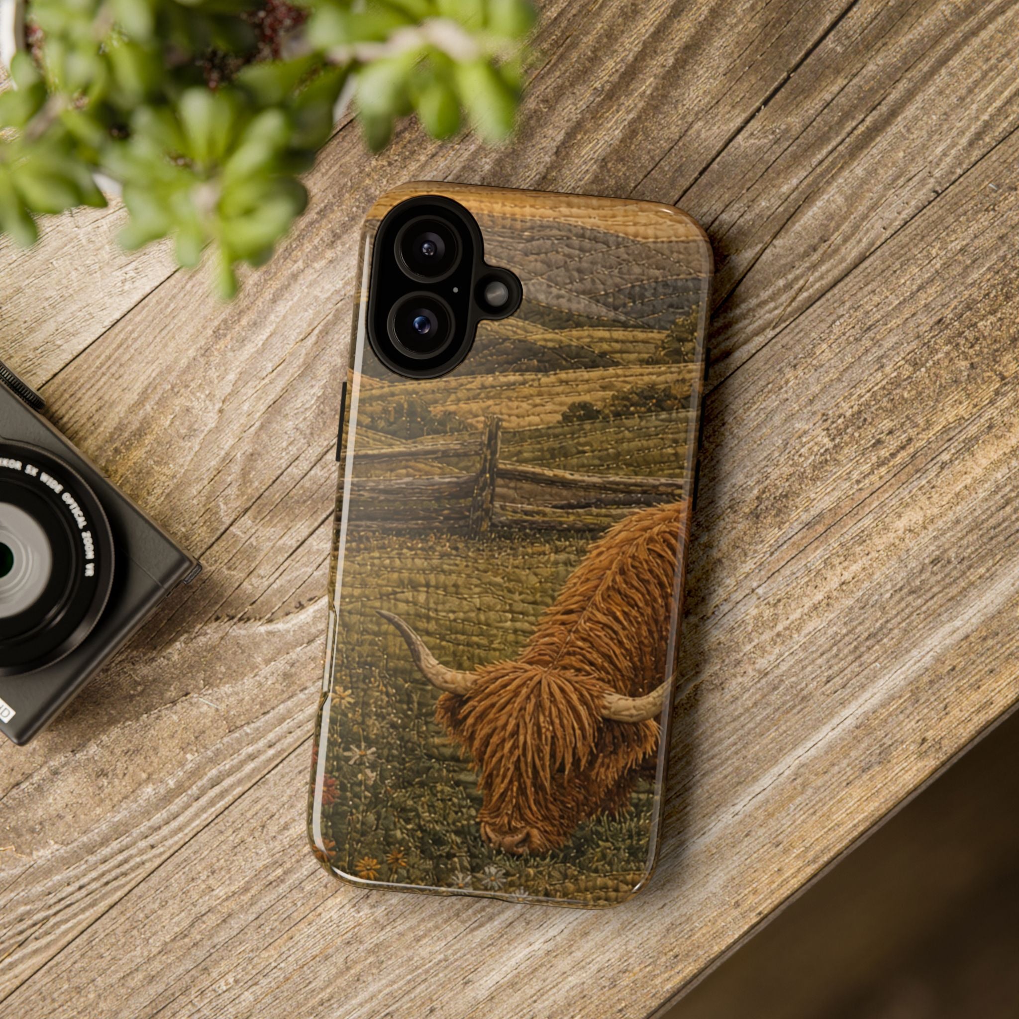 Highland Cow iPhone Case – Mini Highland - Heirloom Quilt Meadow | Tough Dual-Layer Case, iPhone 11–17