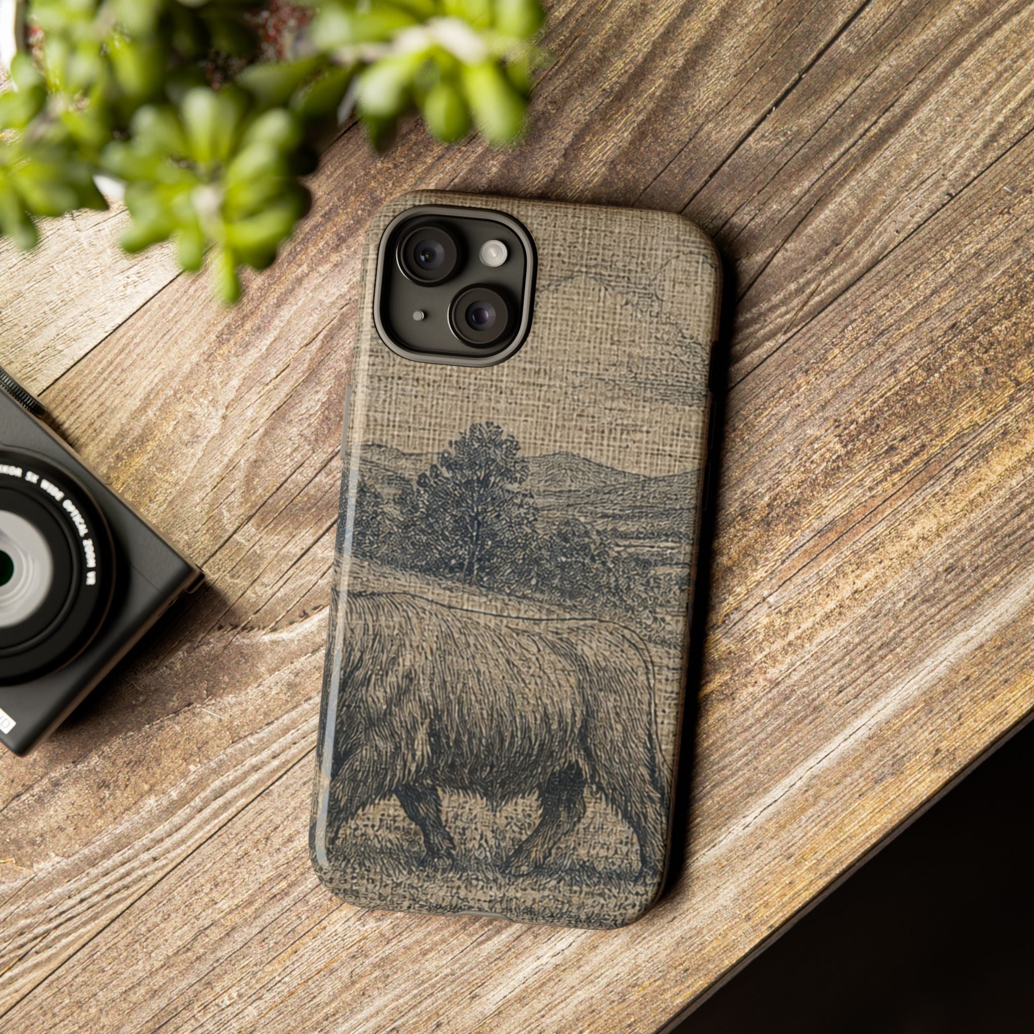Highland Cow iPhone Case – Mini Highland - Linen Field Engraving | Tough Dual-Layer Case, iPhone 11–17