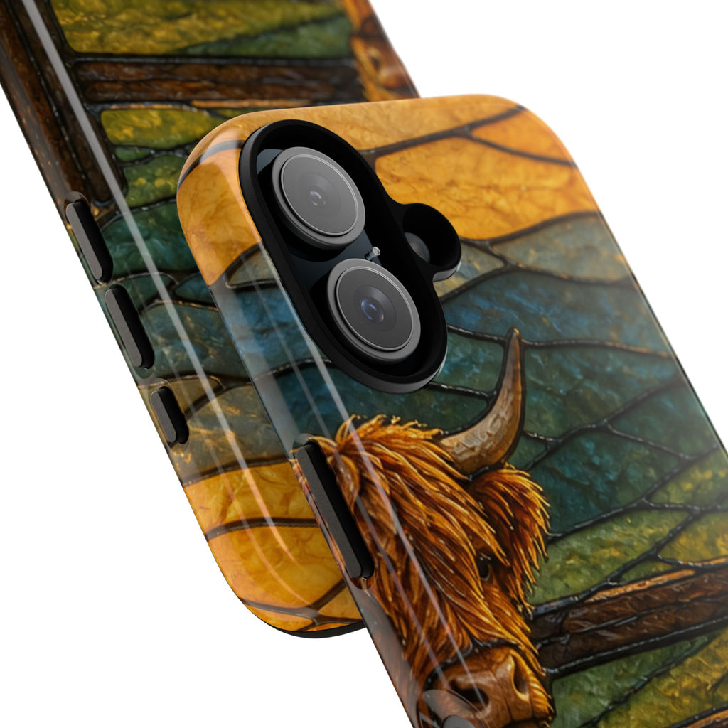 Highland Cow iPhone Case – Mini Highland - Stained Glass Morning Pasture | Tough Dual-Layer Case, iPhone 11–17