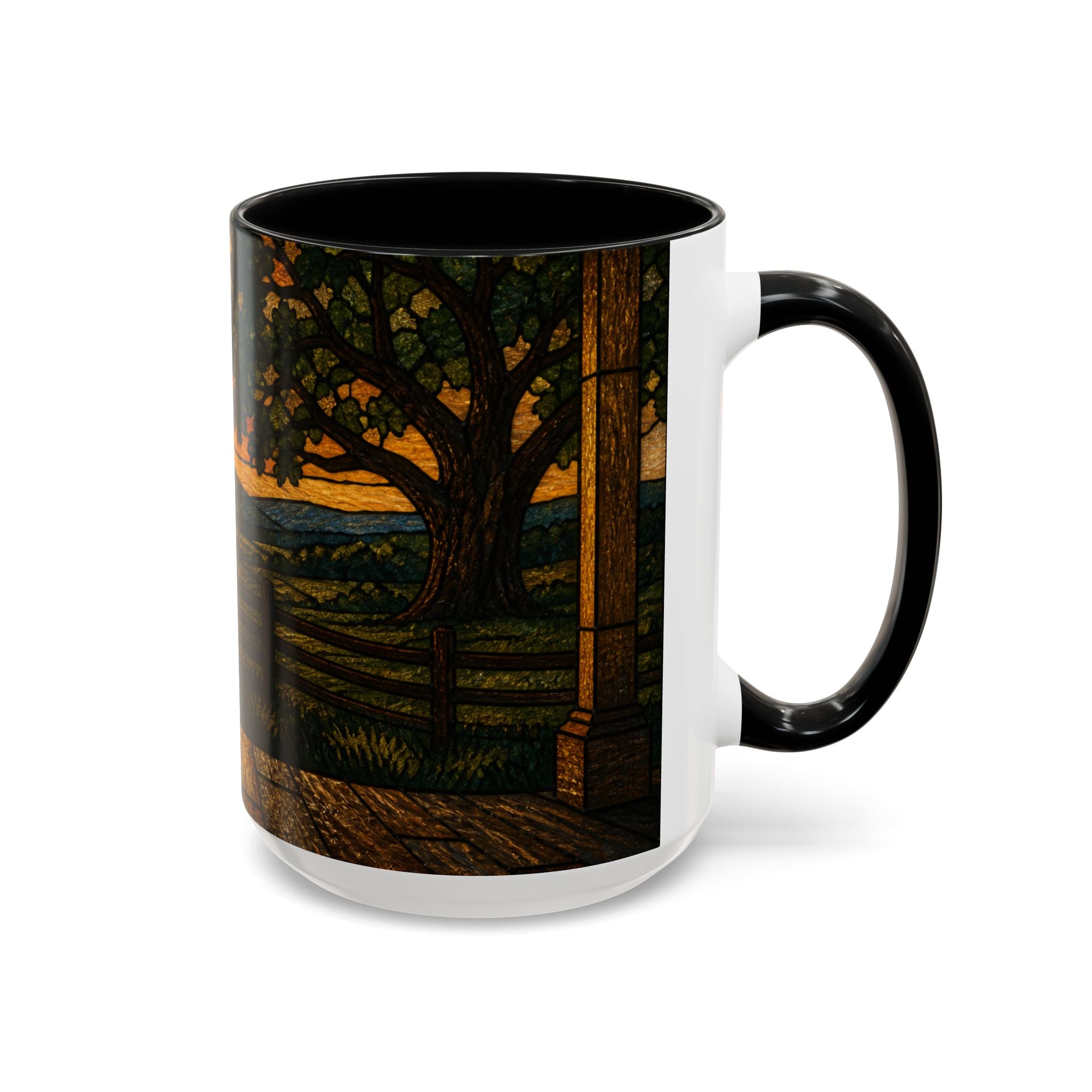 Farmhouse Coffee Mug – Stained Glass Porch Sunrise | Ceramic Accent Mug, 11oz or 15oz