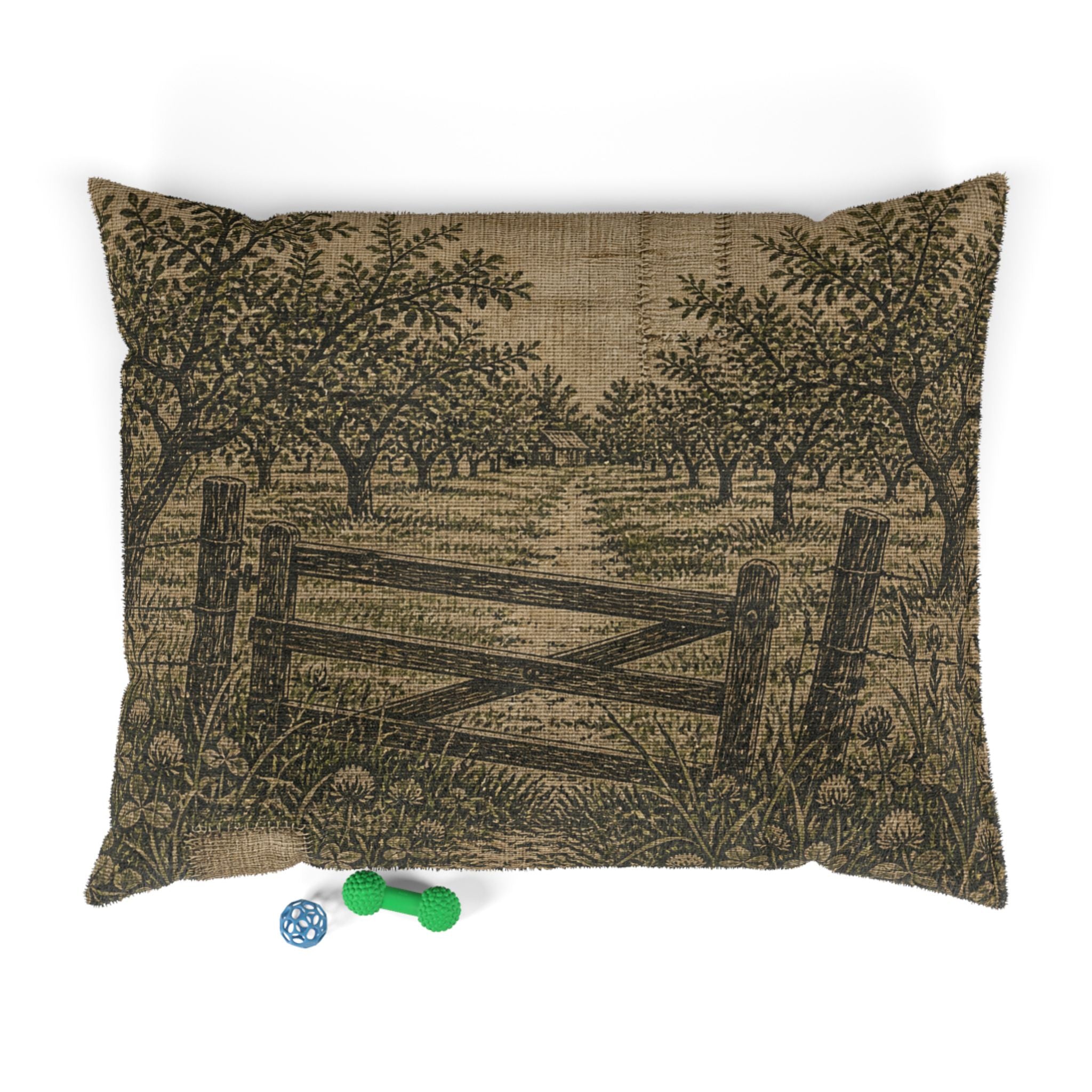 Washable Dog Bed – Grain-Sack Orchard Gate | Soft Fleece Pet Bed, 3 Sizes