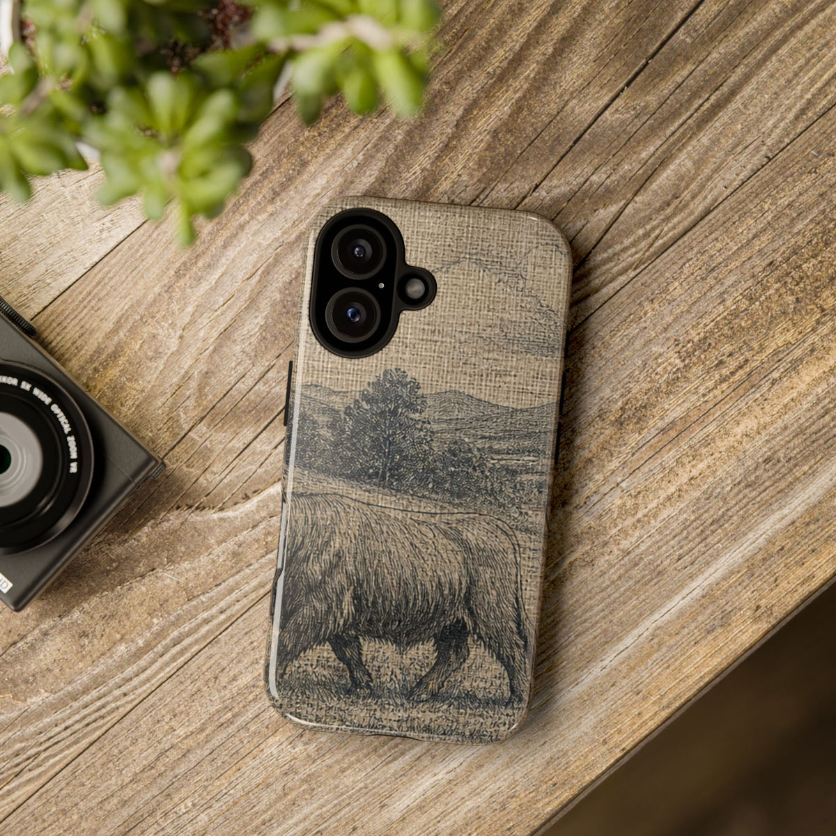 Highland Cow iPhone Case – Mini Highland - Linen Field Engraving | Tough Dual-Layer Case, iPhone 11–17