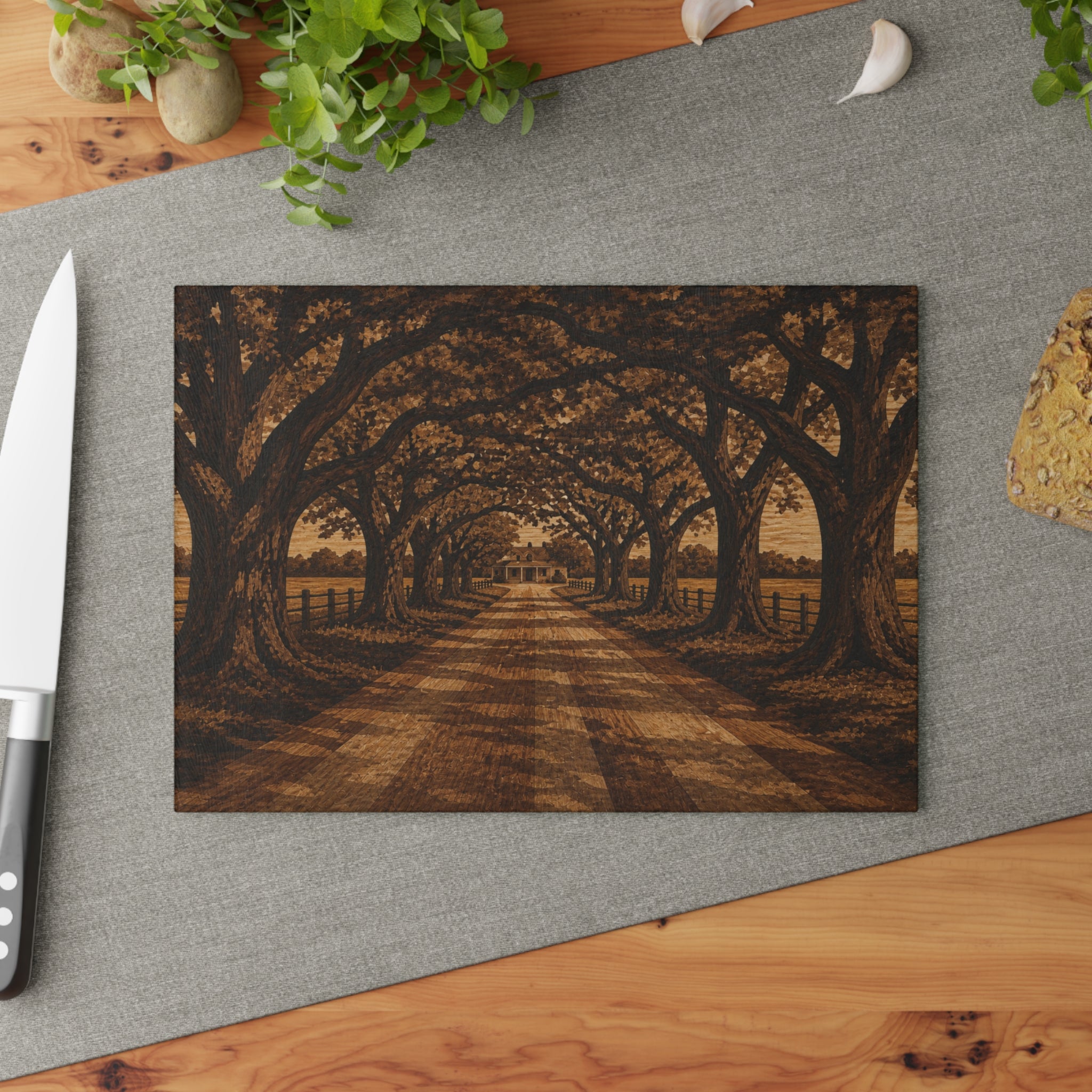Glass Cutting Board – Marquetry Live-Oak Lane | Tempered Glass Charcuterie & Serving Board