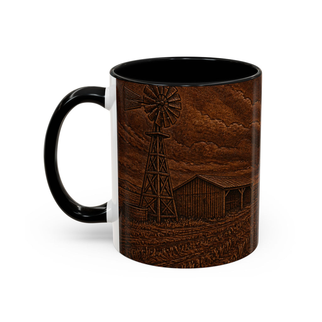 Windmill Farmhouse Coffee Mug – Embossed Leather Windmill | Ceramic Accent Mug, 11oz or 15oz