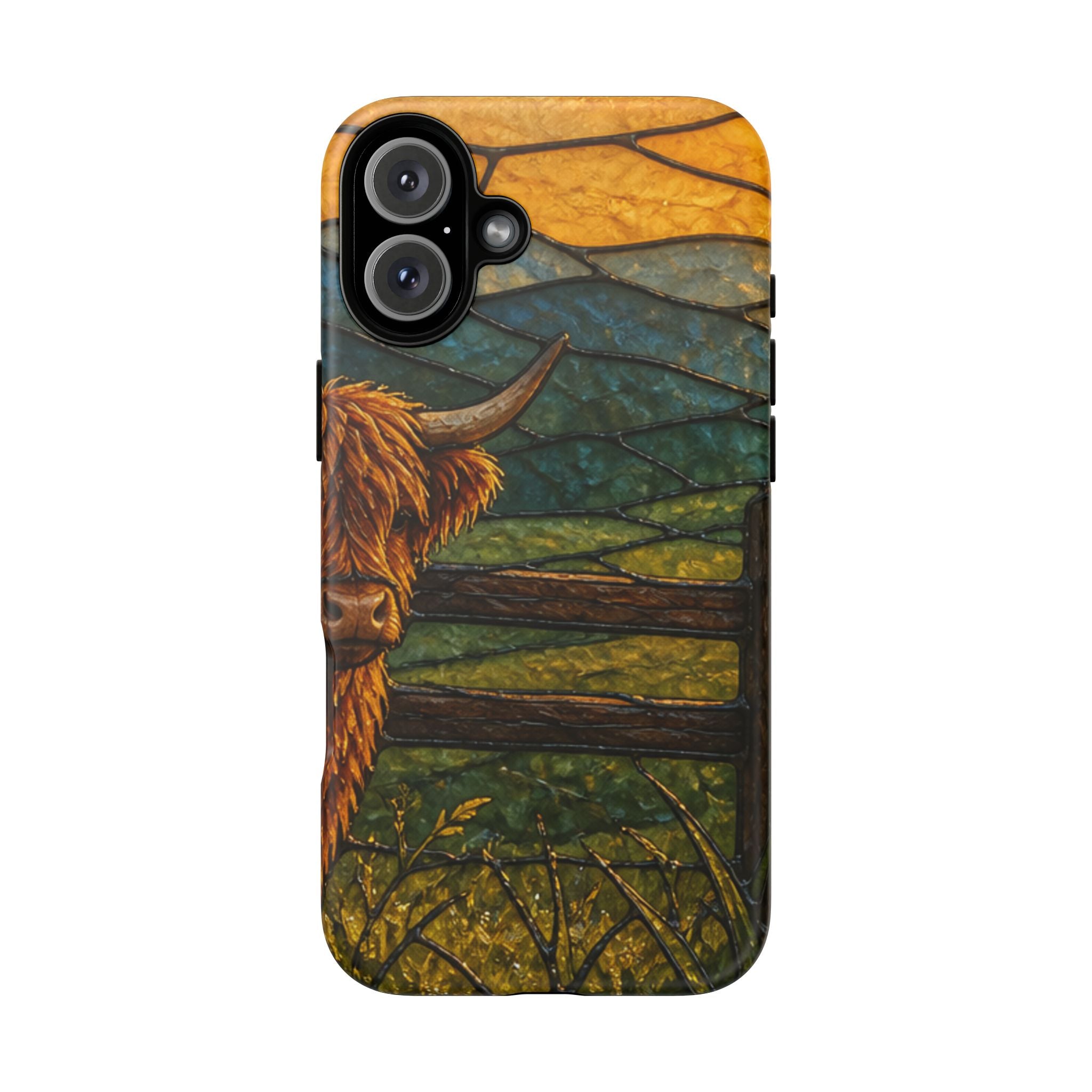 Highland Cow iPhone Case – Mini Highland - Stained Glass Morning Pasture | Tough Dual-Layer Case, iPhone 11–17