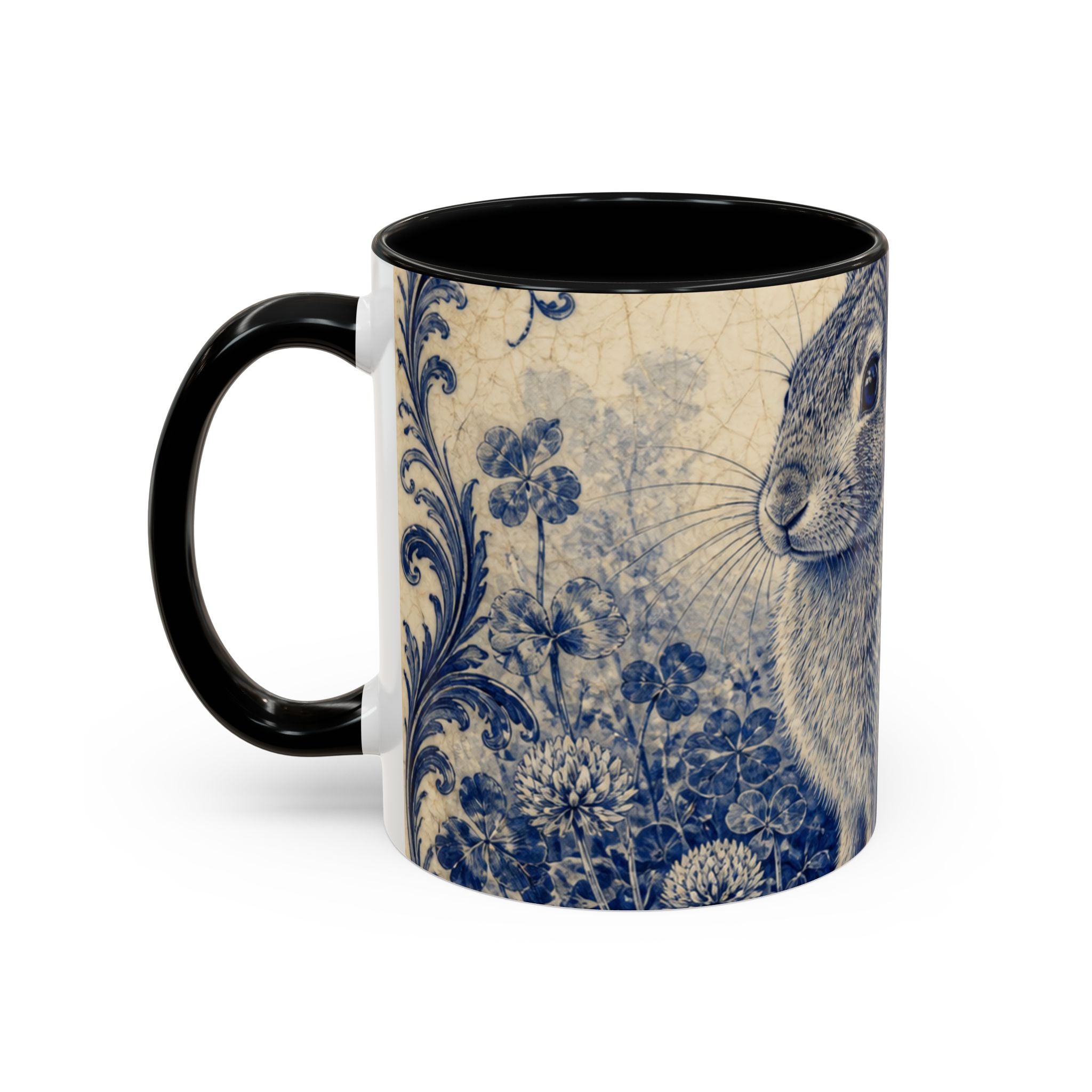 Rabbit Farmhouse Coffee Mug – Rabbit in the Clover Cobalt Transferware | Ceramic Accent Mug, 11oz or 15oz