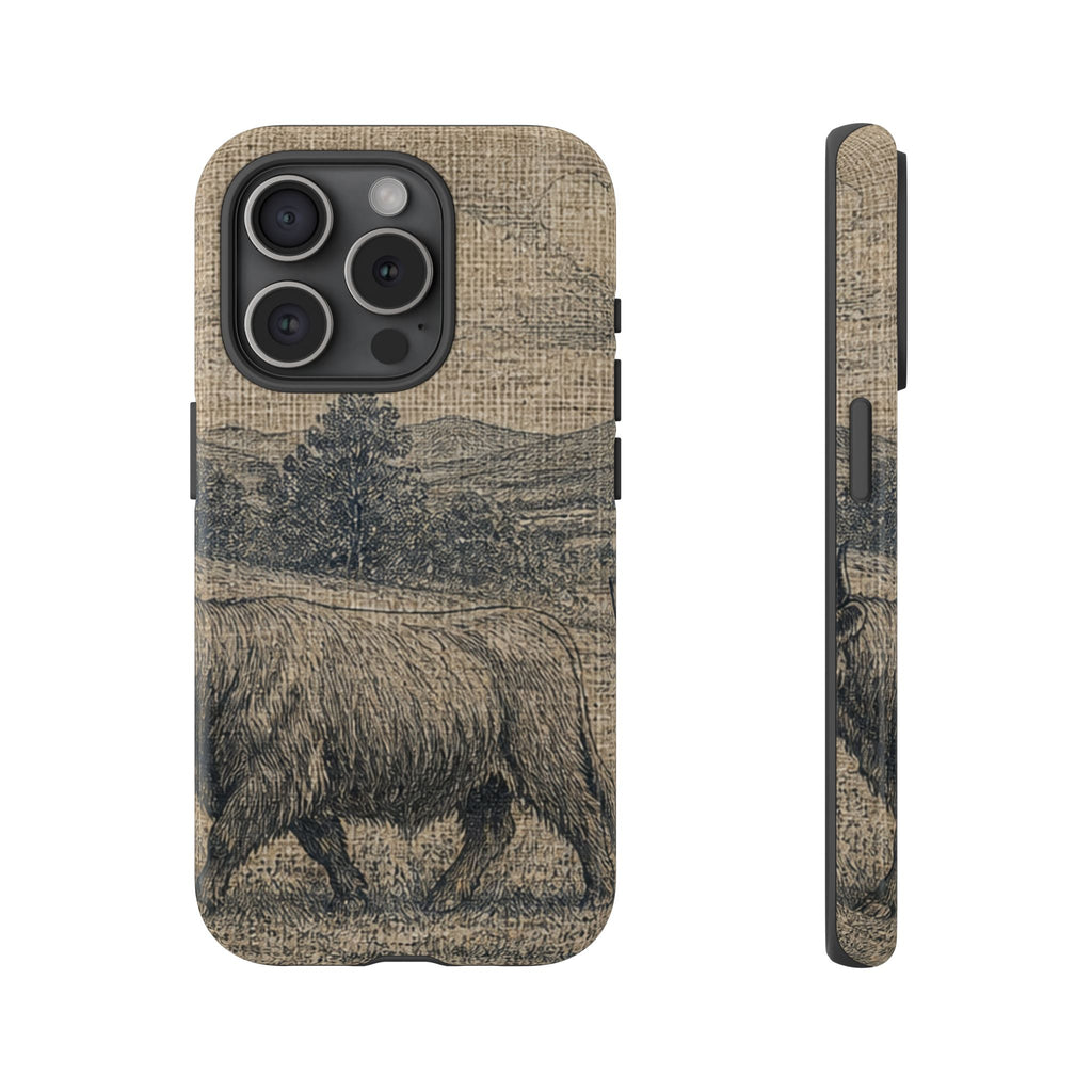 Highland Cow iPhone Case – Mini Highland - Linen Field Engraving | Tough Dual-Layer Case, iPhone 11–17