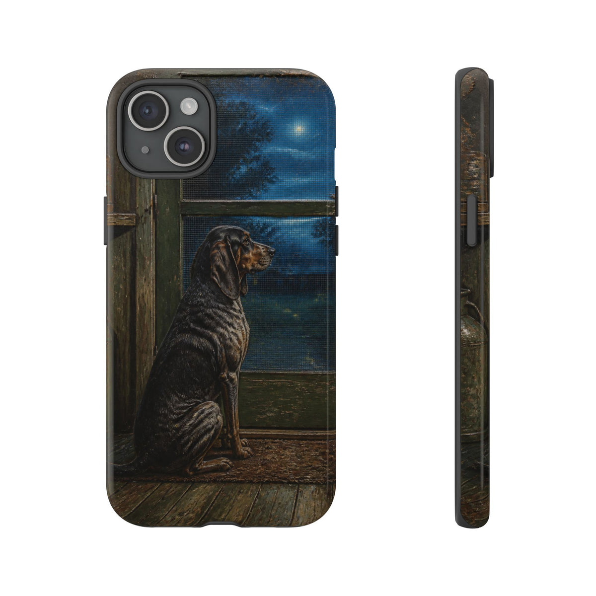 Coonhound Dog iPhone Case – Coonhound at the Screen Door Painted Tin | Tough Dual-Layer Case, iPhone 11–17