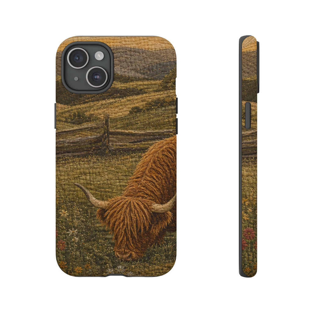 Highland Cow iPhone Case – Mini Highland - Heirloom Quilt Meadow | Tough Dual-Layer Case, iPhone 11–17