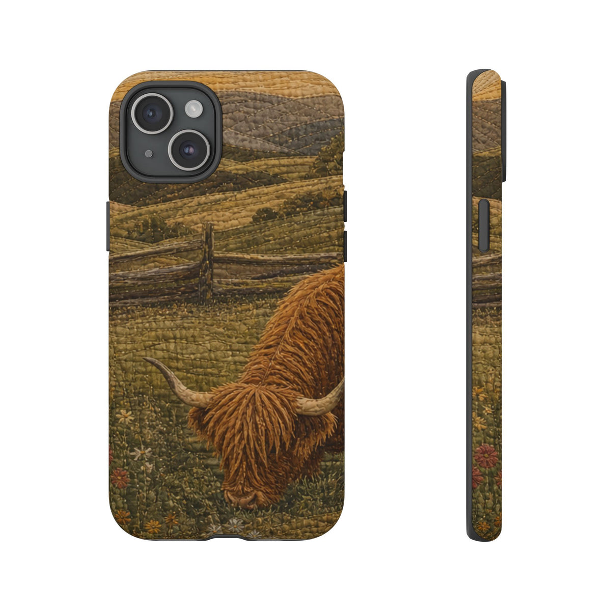 Highland Cow iPhone Case – Mini Highland - Heirloom Quilt Meadow | Tough Dual-Layer Case, iPhone 11–17