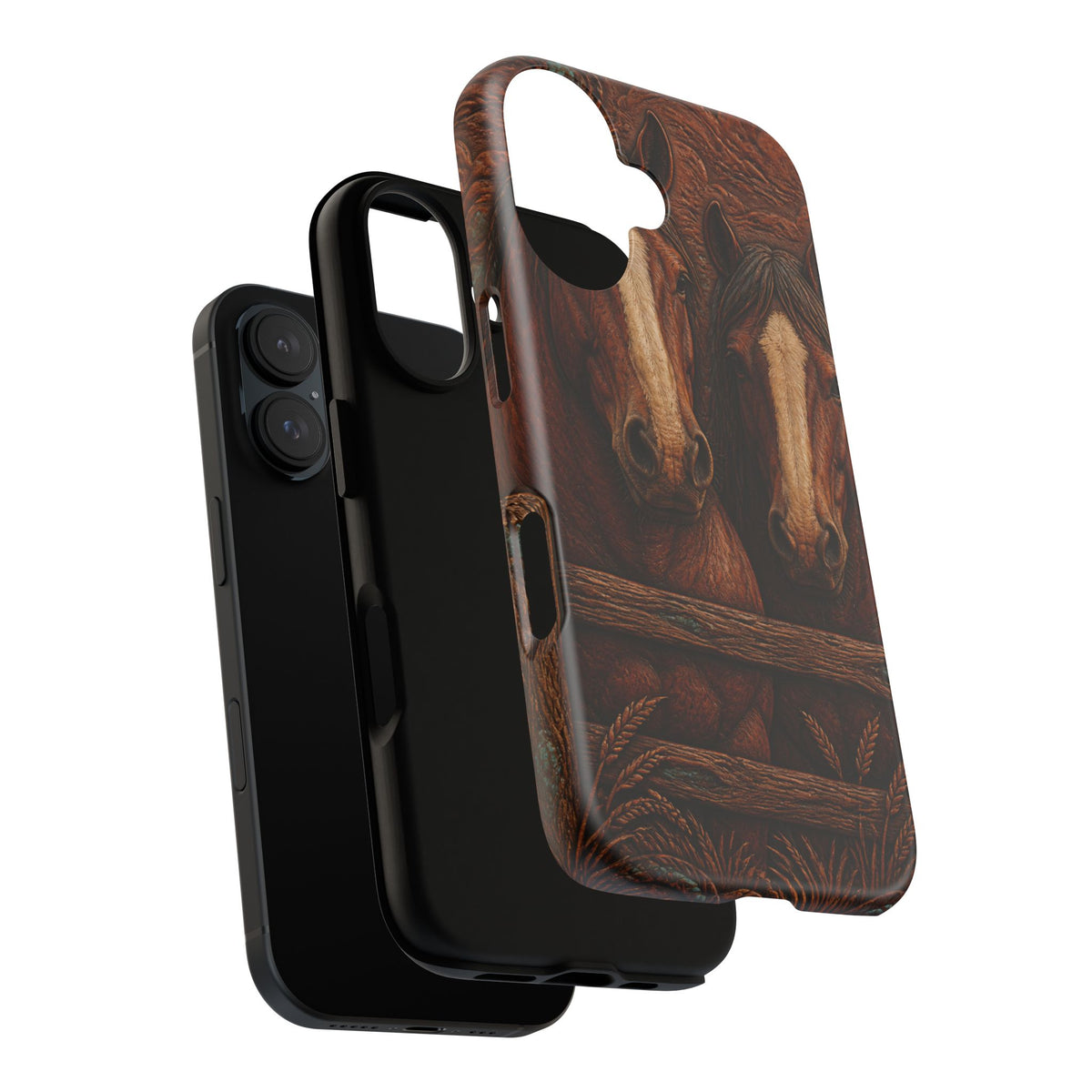 Draft Horse iPhone Case – Draft Horses at the Fence Tooled Leather | Tough Dual-Layer Case, iPhone 11–17
