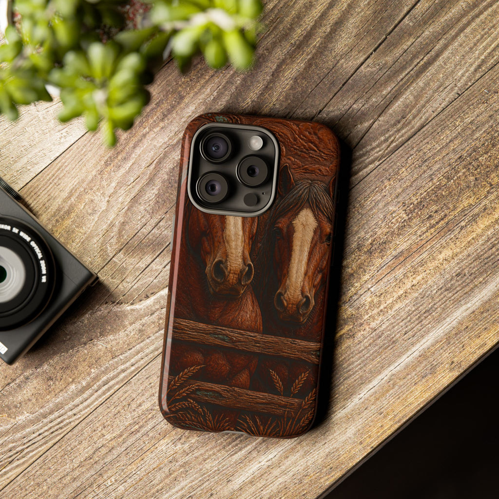 Draft Horse iPhone Case – Draft Horses at the Fence Tooled Leather | Tough Dual-Layer Case, iPhone 11–17
