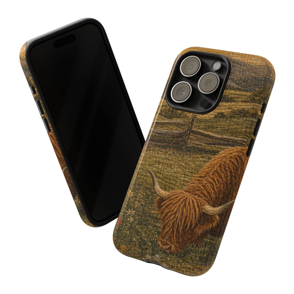 Highland Cow iPhone Case – Mini Highland - Heirloom Quilt Meadow | Tough Dual-Layer Case, iPhone 11–17