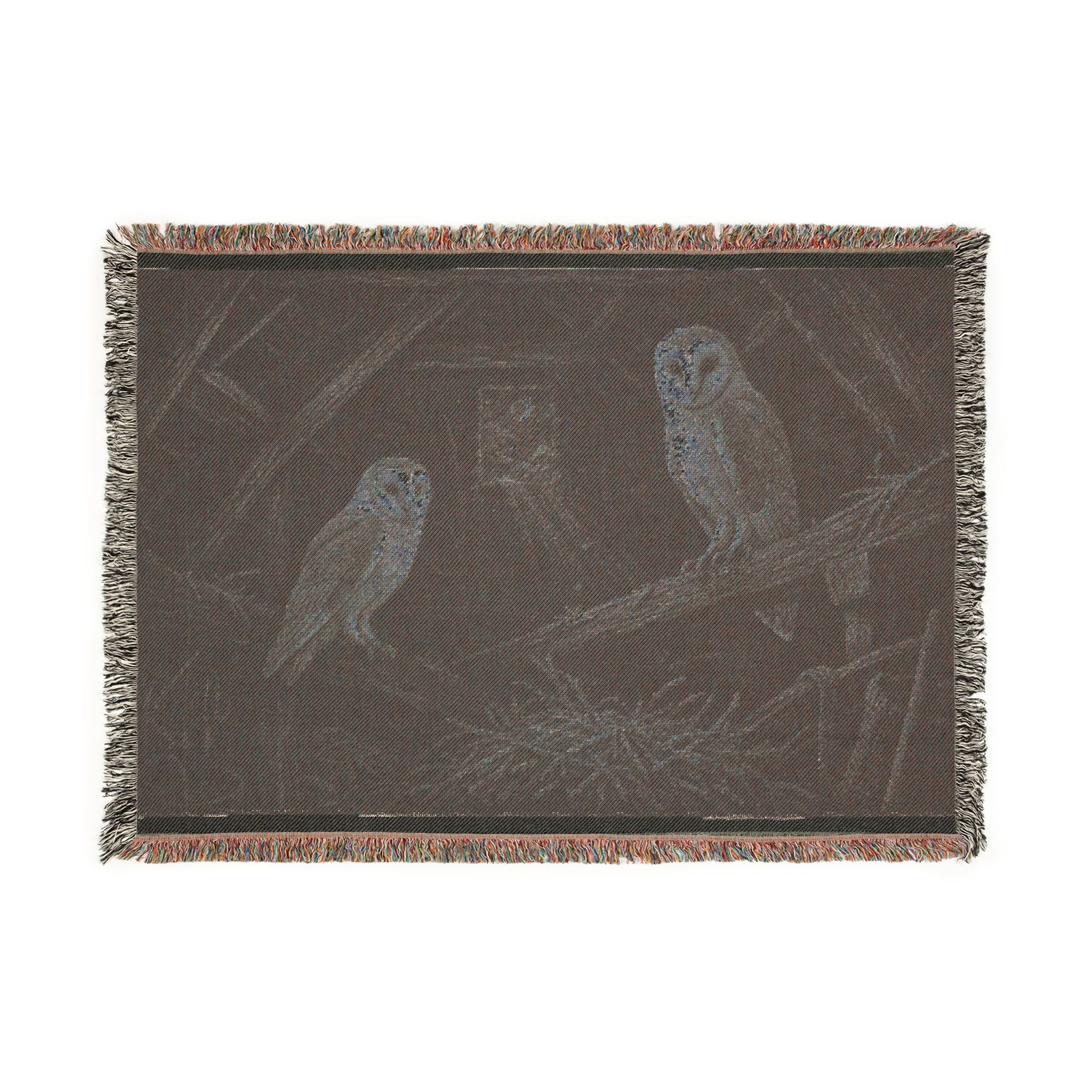Barn Owl Woven Blanket – Barn Owls in the Rafters Velvet Needlepoint | Cotton Wall Tapestry Throw, 52x37