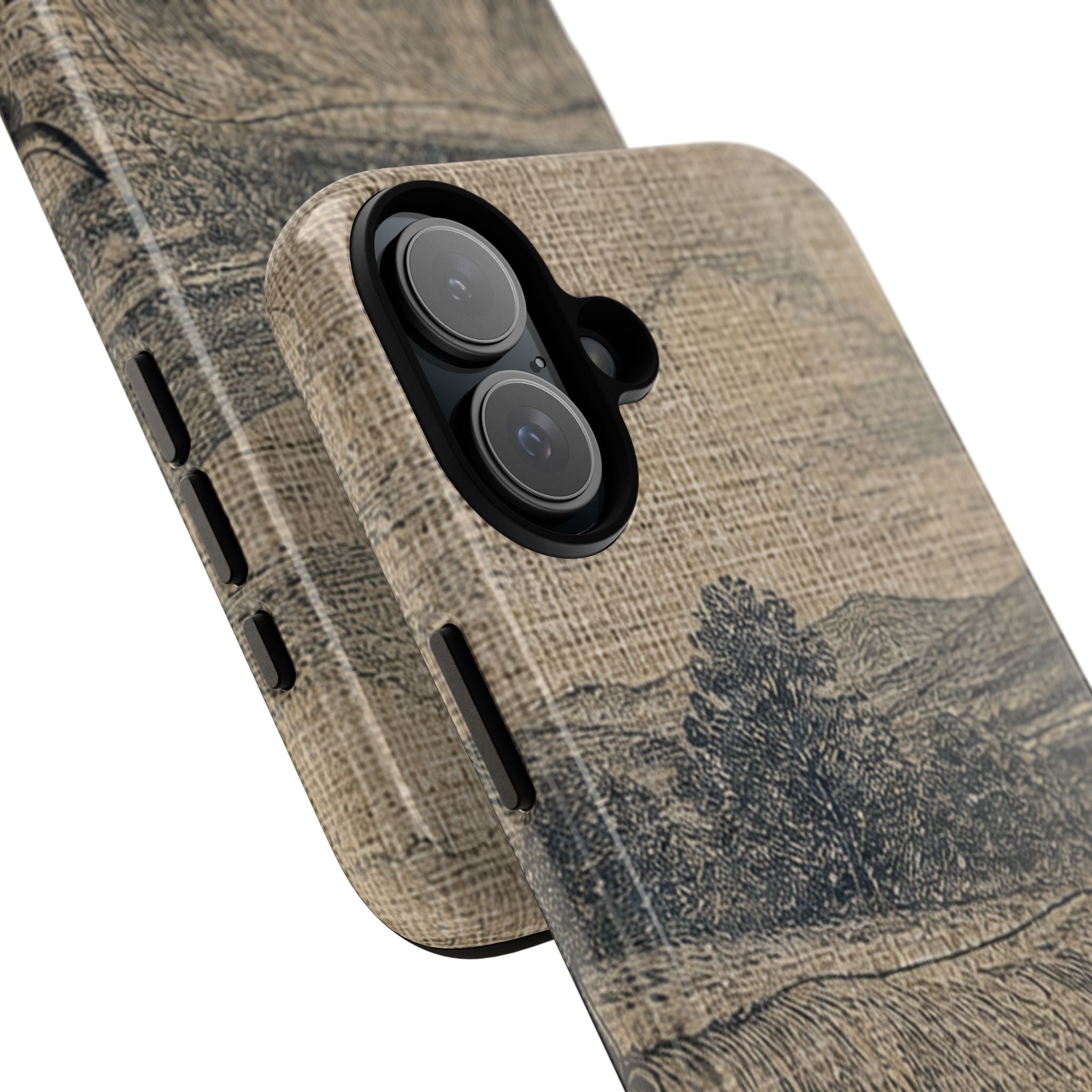 Highland Cow iPhone Case – Mini Highland - Linen Field Engraving | Tough Dual-Layer Case, iPhone 11–17