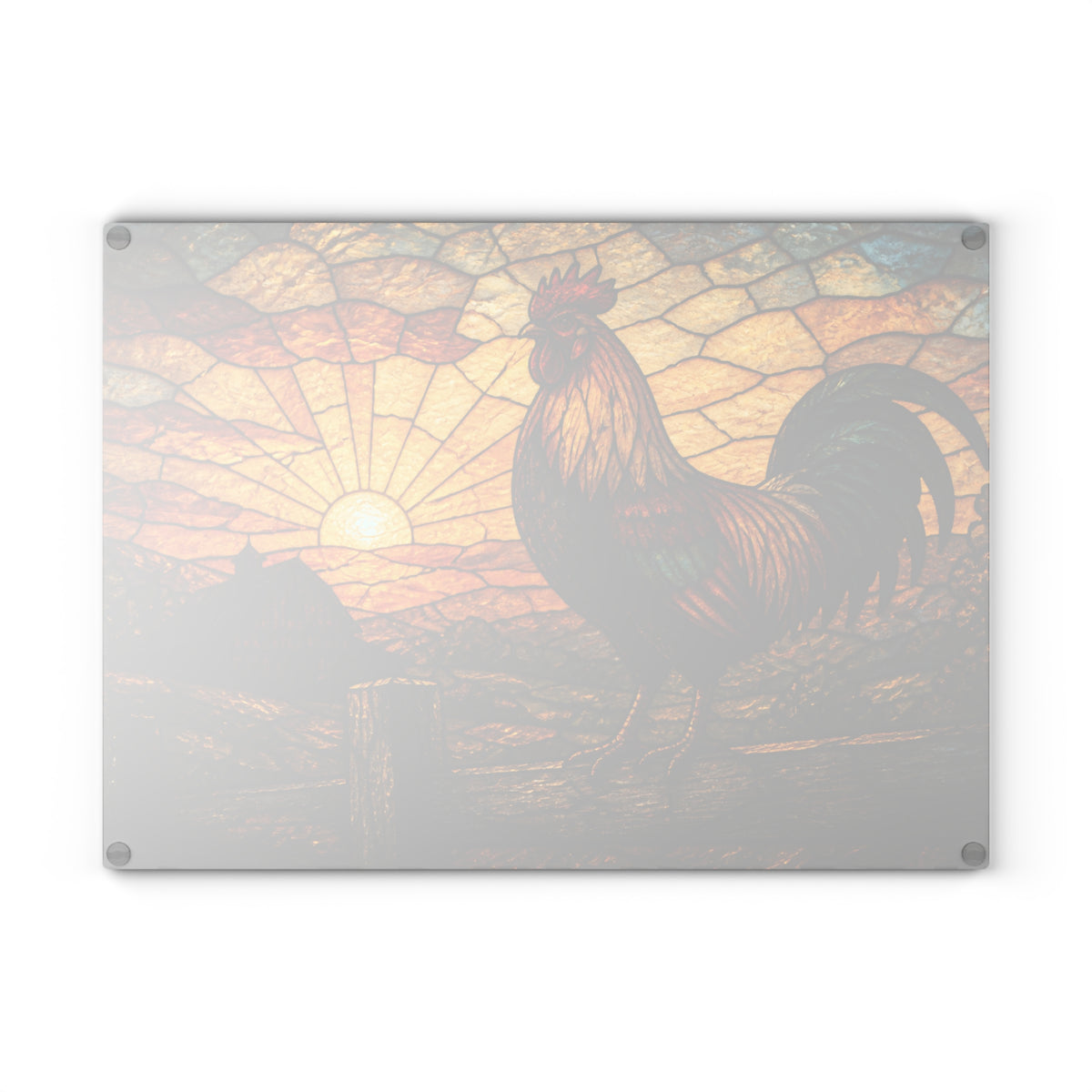 Rooster Glass Cutting Board – Rooster at First Light Stained | Tempered Glass Charcuterie & Serving Board