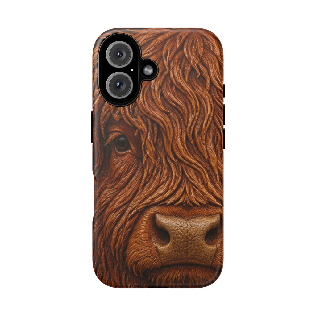 Highland Cow iPhone Case – Mini Highland - Tooled Leather Portrait | Tough Dual-Layer Case, iPhone 11–17
