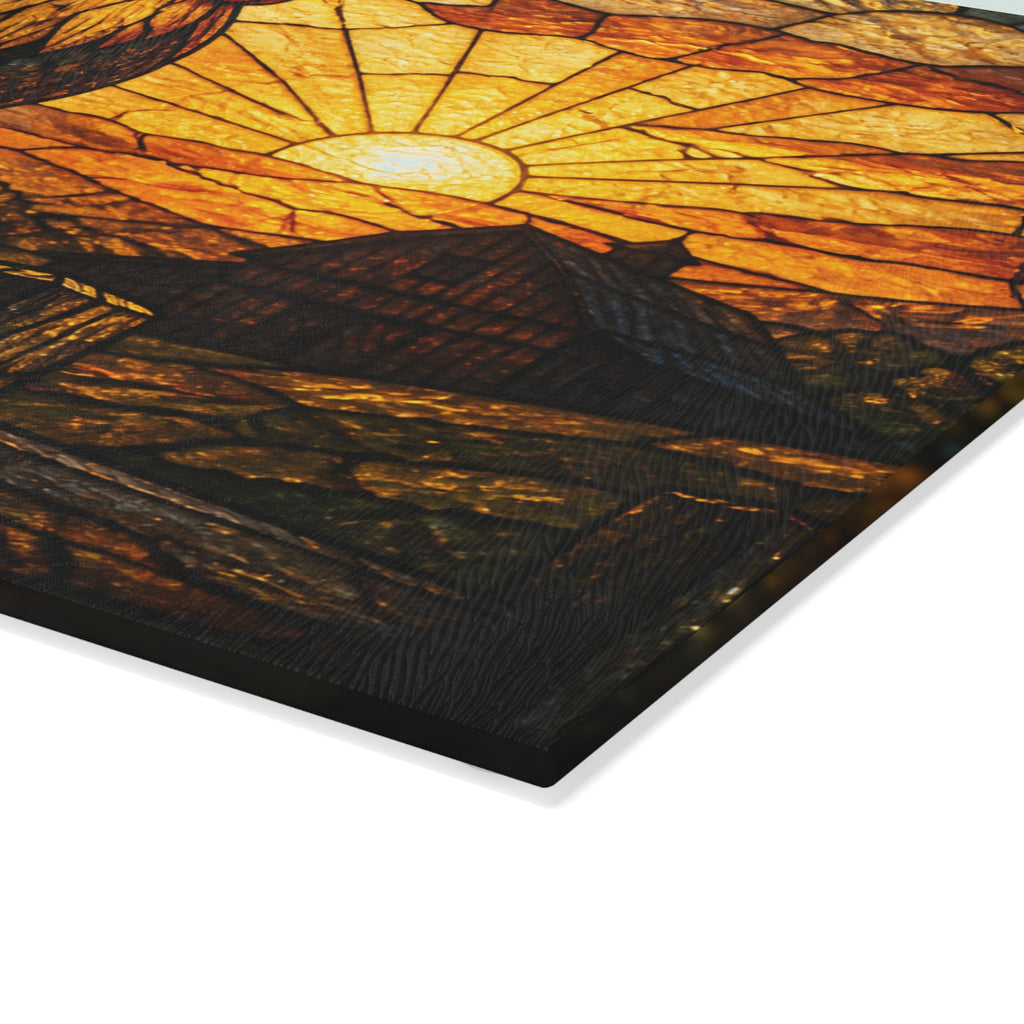 Rooster Glass Cutting Board – Rooster at First Light Stained | Tempered Glass Charcuterie & Serving Board