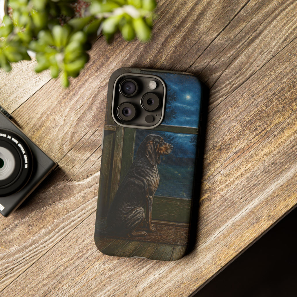 Coonhound Dog iPhone Case – Coonhound at the Screen Door Painted Tin | Tough Dual-Layer Case, iPhone 11–17