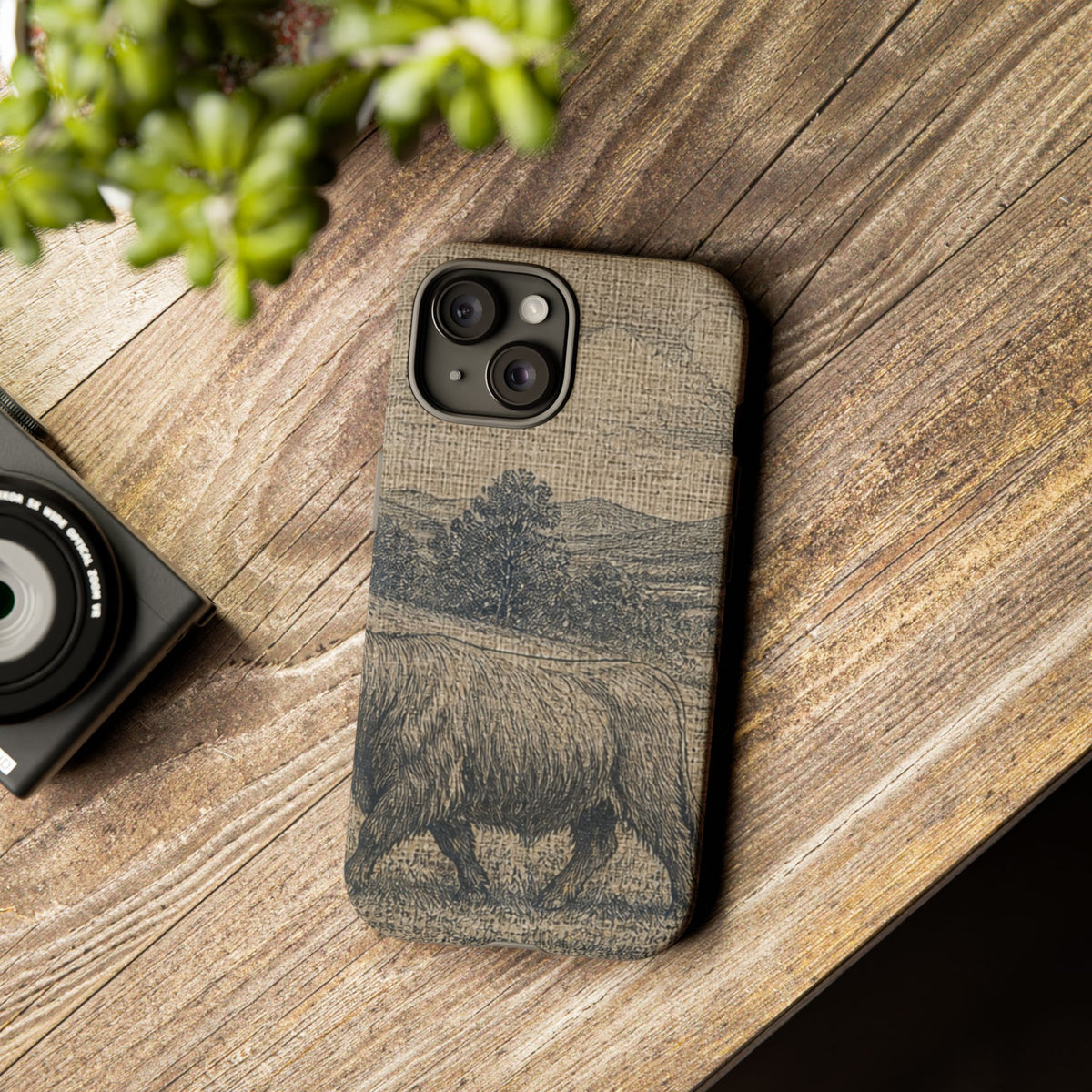 Highland Cow iPhone Case – Mini Highland - Linen Field Engraving | Tough Dual-Layer Case, iPhone 11–17