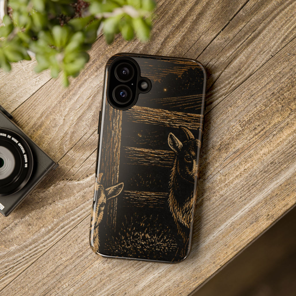Goat iPhone Case – Pygmy Goats - Night Linocut Fireflies | Tough Dual-Layer Case, iPhone 11–17