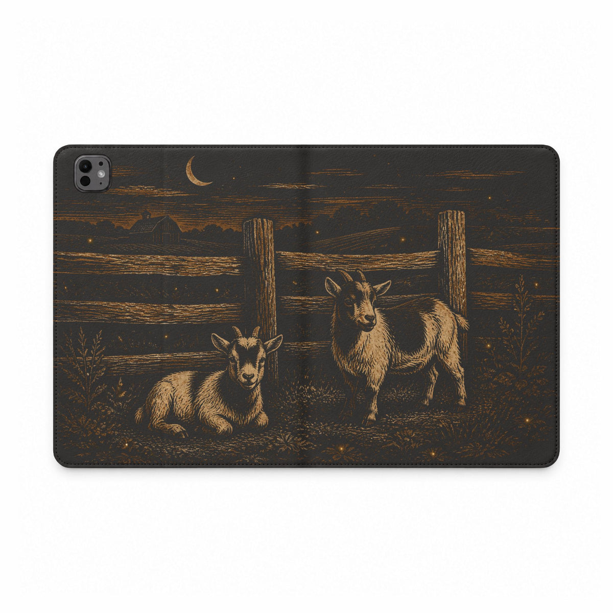Goat iPad Case – Pygmy Goats - Night Linocut Fireflies | Vegan Leather Folio with Card Pockets, All iPad Models