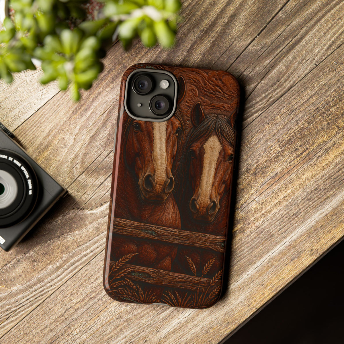Draft Horse iPhone Case – Draft Horses at the Fence Tooled Leather | Tough Dual-Layer Case, iPhone 11–17