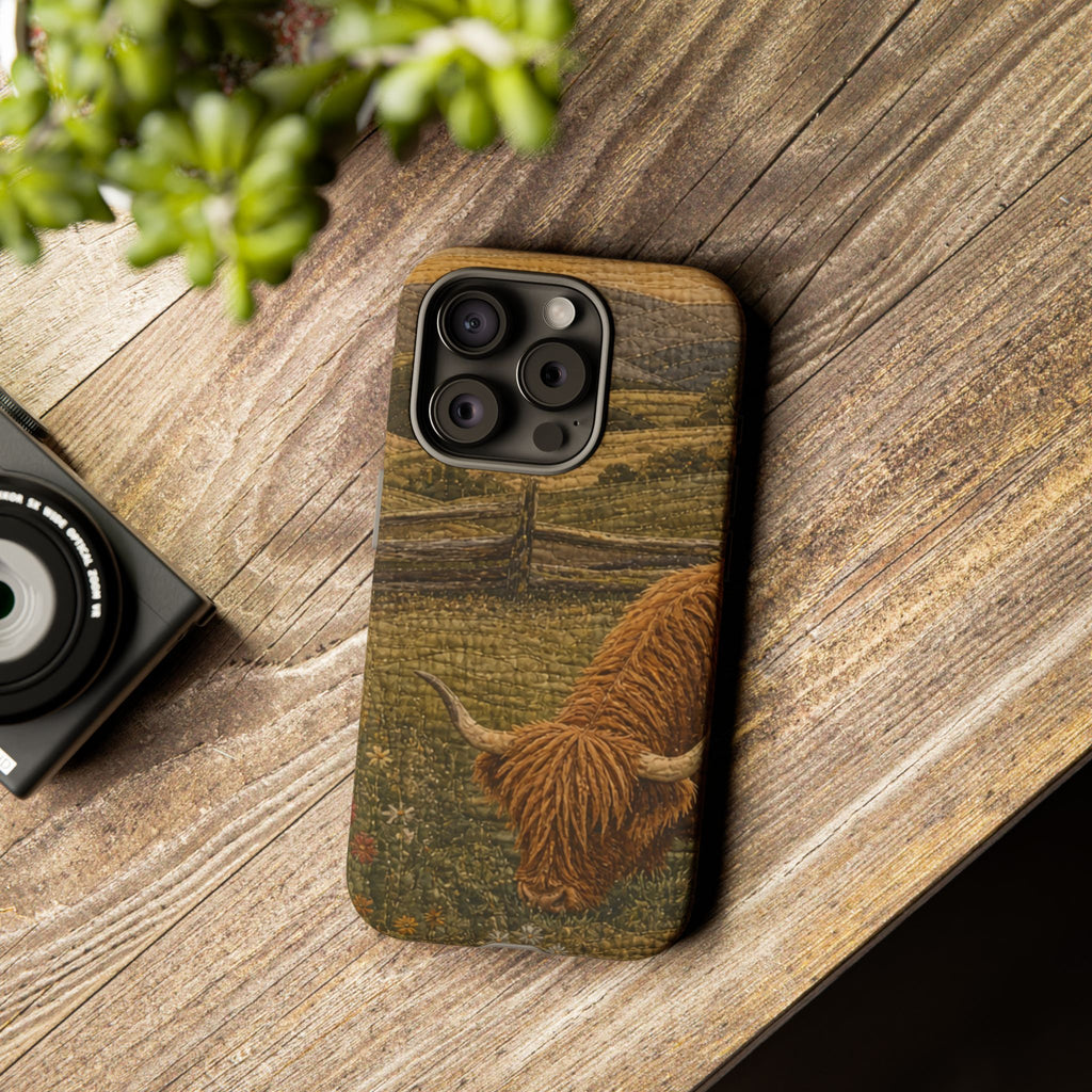 Highland Cow iPhone Case – Mini Highland - Heirloom Quilt Meadow | Tough Dual-Layer Case, iPhone 11–17
