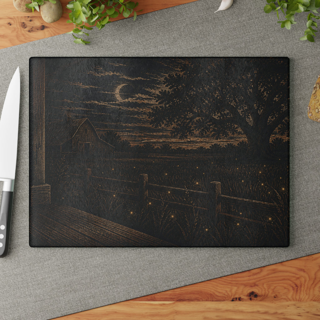 Firefly Glass Cutting Board – Night Linocut Fireflies | Tempered Glass Charcuterie & Serving Board