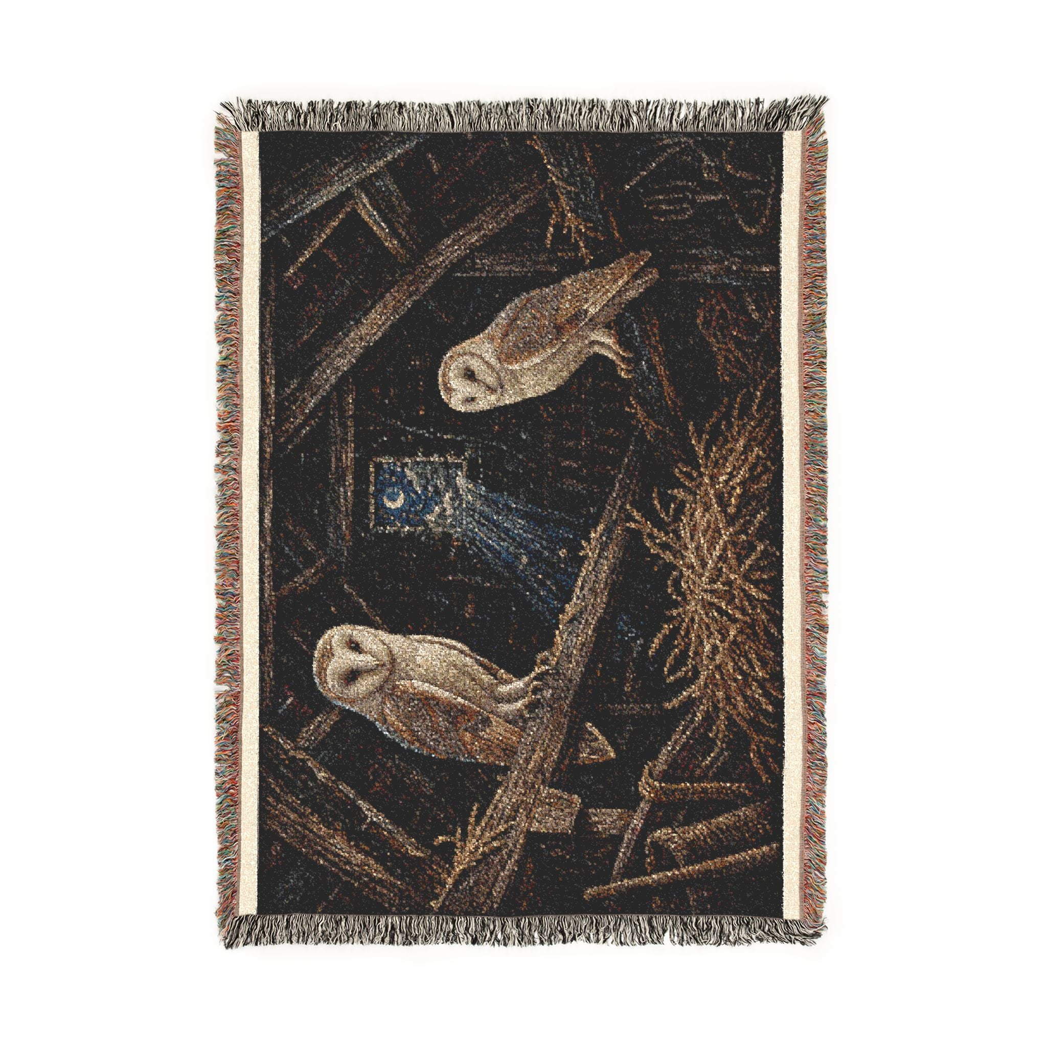 Barn Owl Woven Blanket – Barn Owls in the Rafters Velvet Needlepoint | Cotton Wall Tapestry Throw, 52x37