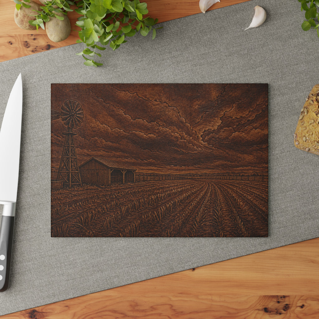 Windmill Glass Cutting Board – Embossed Leather Windmill | Tempered Glass Charcuterie & Serving Board
