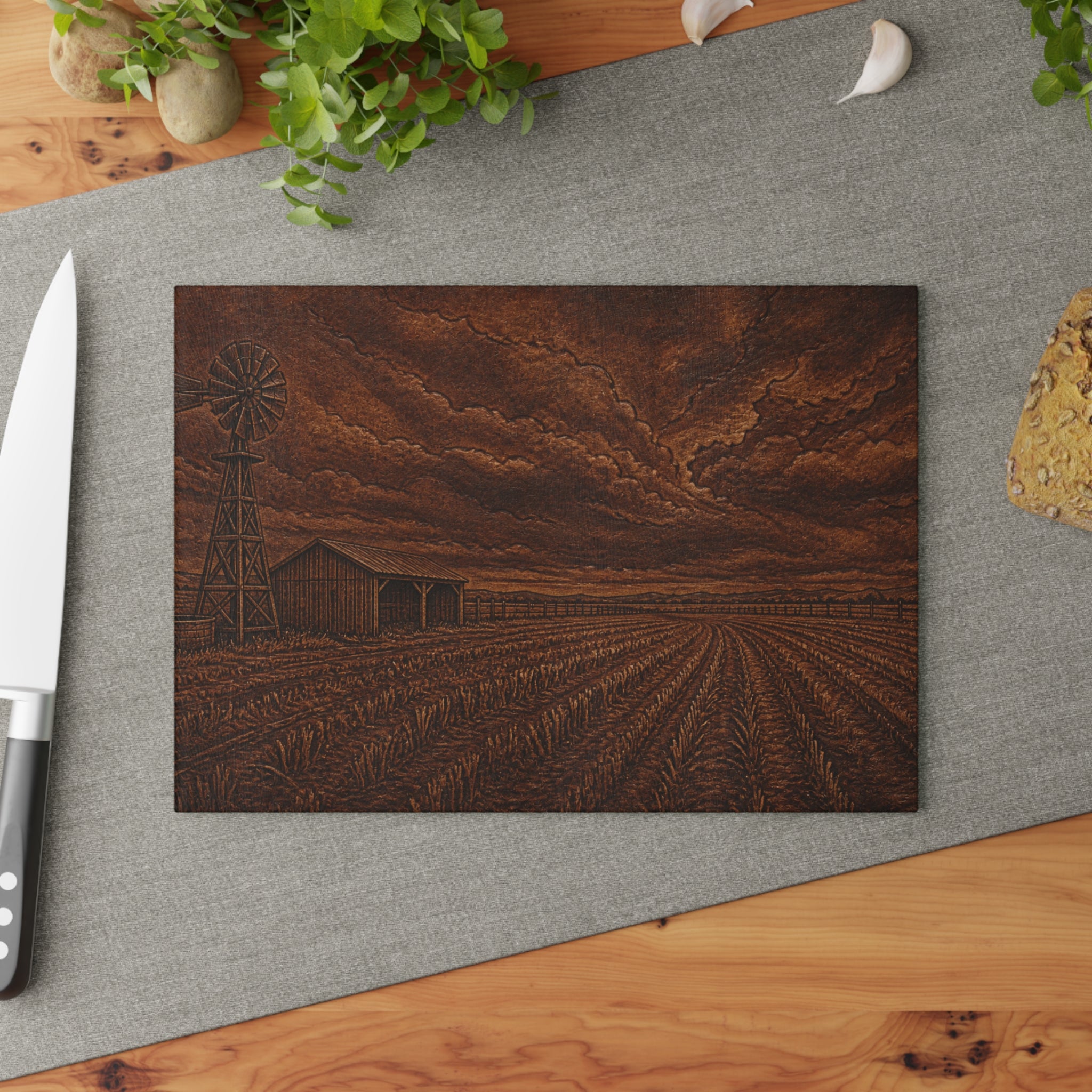 Windmill Glass Cutting Board – Embossed Leather Windmill | Tempered Glass Charcuterie & Serving Board