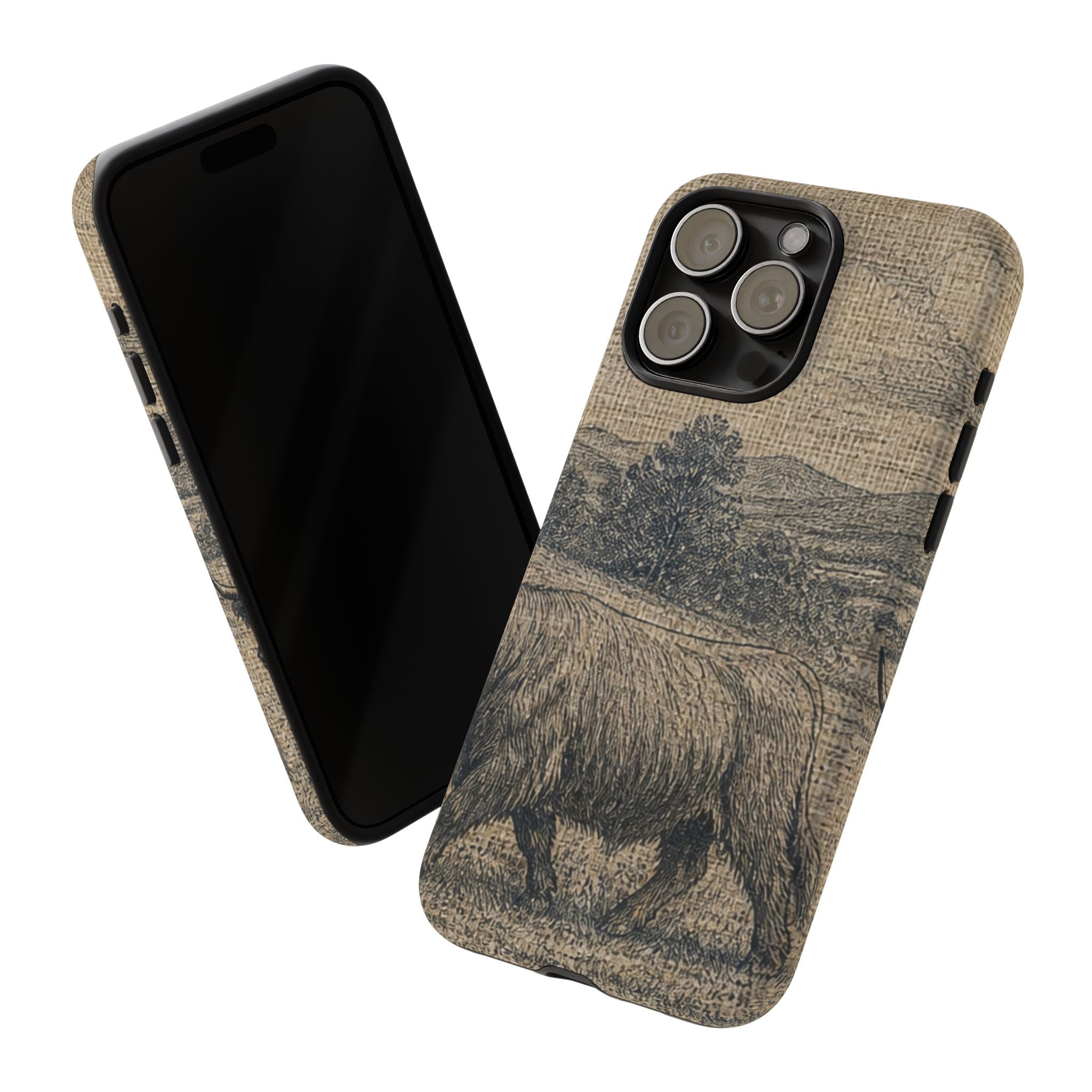 Highland Cow iPhone Case – Mini Highland - Linen Field Engraving | Tough Dual-Layer Case, iPhone 11–17