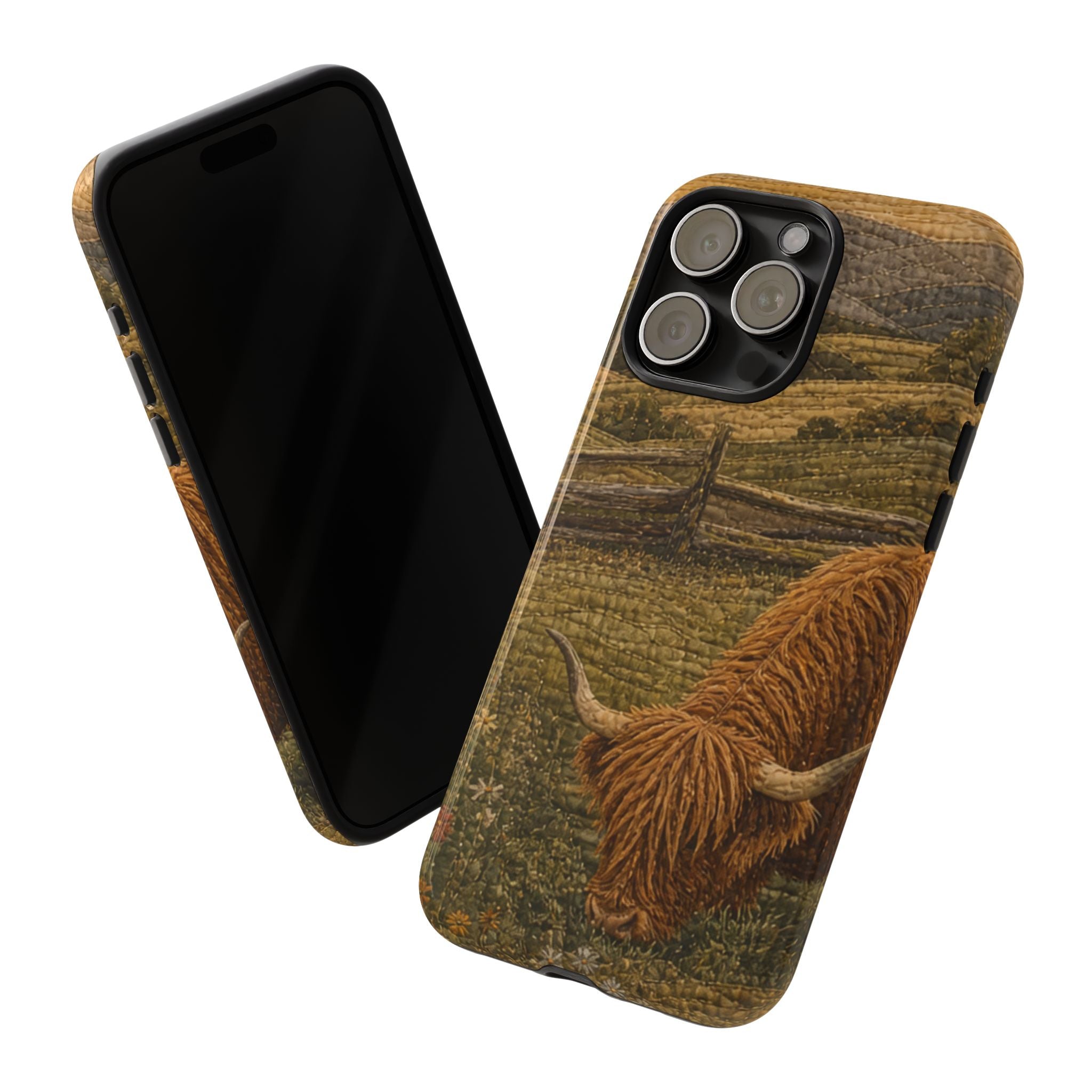 Highland Cow iPhone Case – Mini Highland - Heirloom Quilt Meadow | Tough Dual-Layer Case, iPhone 11–17
