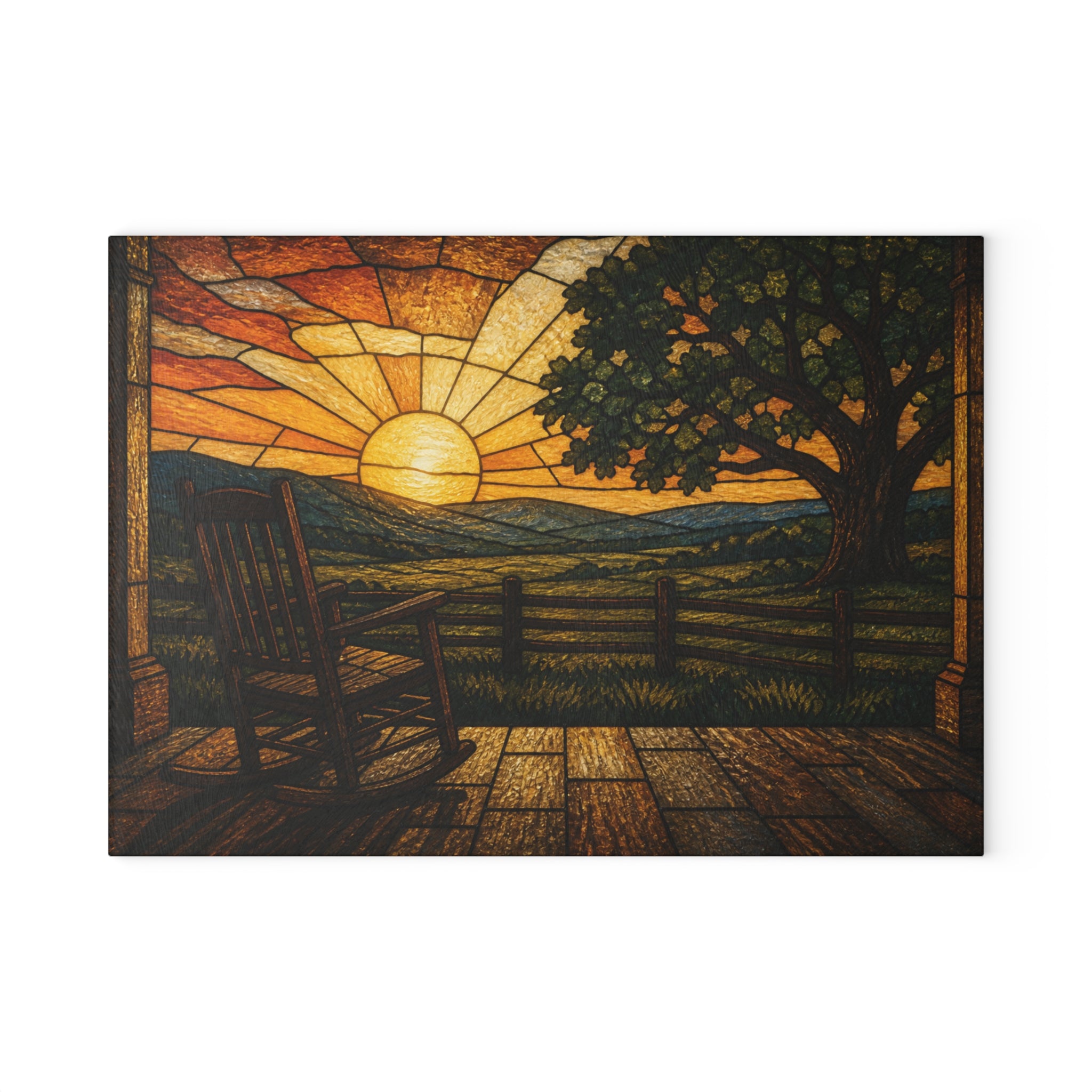 Glass Cutting Board – Stained Glass Porch Sunrise | Tempered Glass Charcuterie & Serving Board