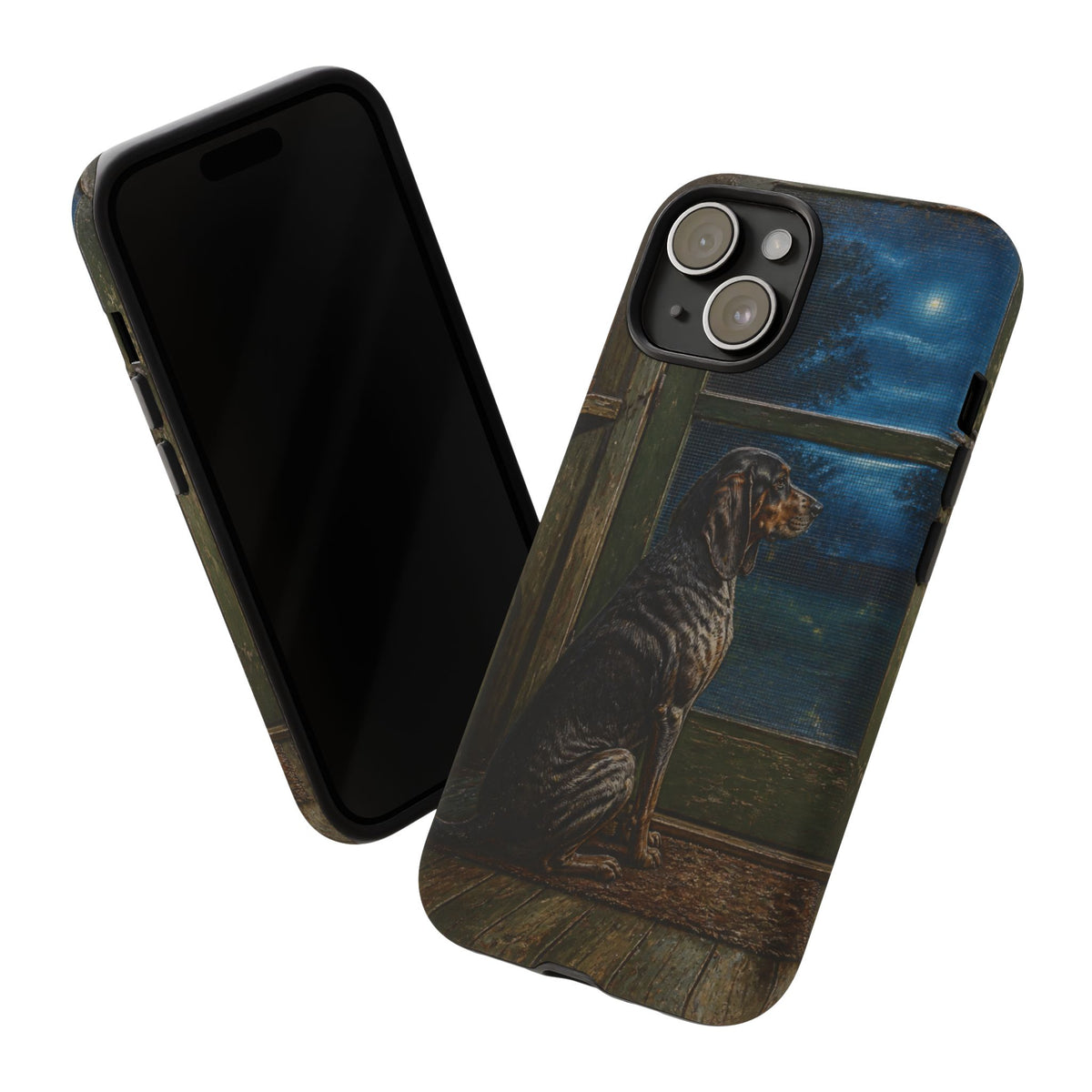 Coonhound Dog iPhone Case – Coonhound at the Screen Door Painted Tin | Tough Dual-Layer Case, iPhone 11–17