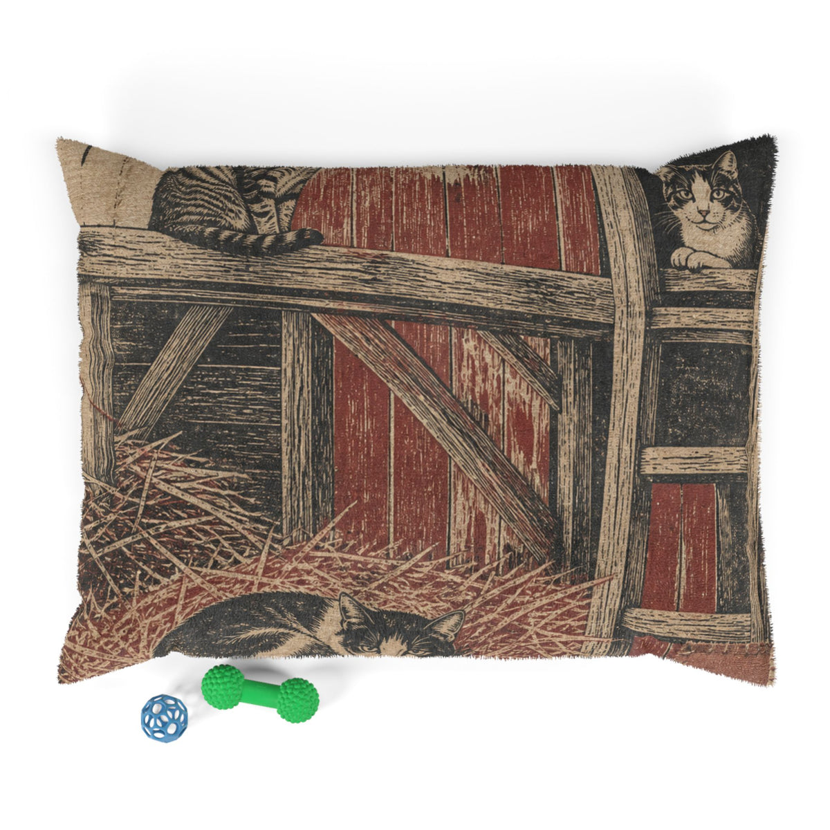 Barn Cat Washable Dog Bed – Barn Cats in the Hayloft Flour-Sack Woodblock | Soft Fleece Pet Bed, 3 Sizes