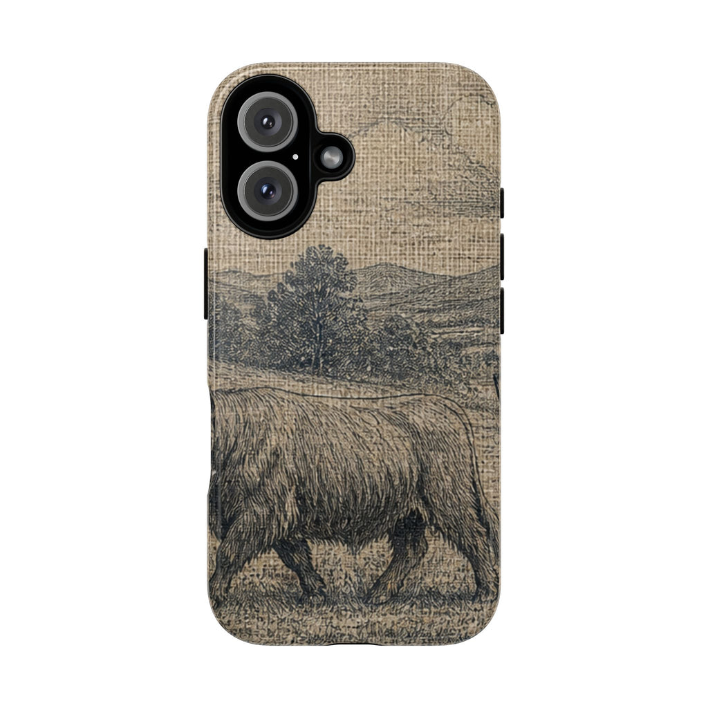 Highland Cow iPhone Case – Mini Highland - Linen Field Engraving | Tough Dual-Layer Case, iPhone 11–17