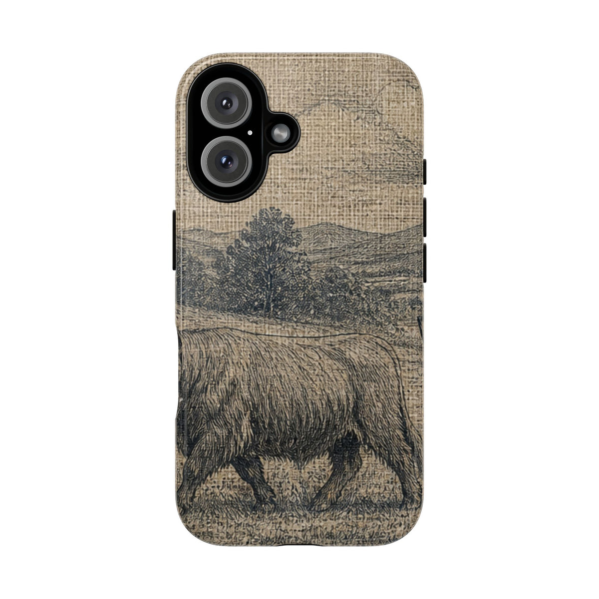 Highland Cow iPhone Case – Mini Highland - Linen Field Engraving | Tough Dual-Layer Case, iPhone 11–17