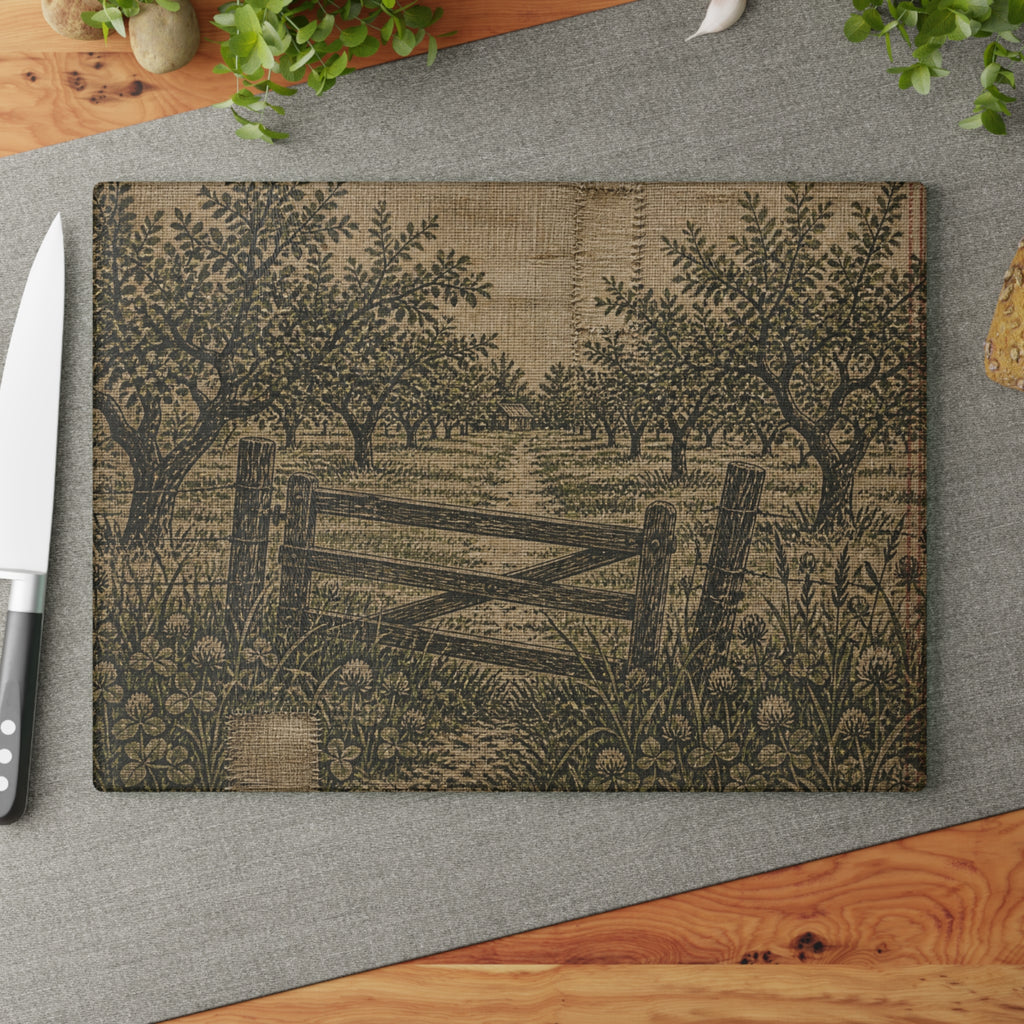 Glass Cutting Board – Grain-Sack Orchard Gate | Tempered Glass Charcuterie & Serving Board