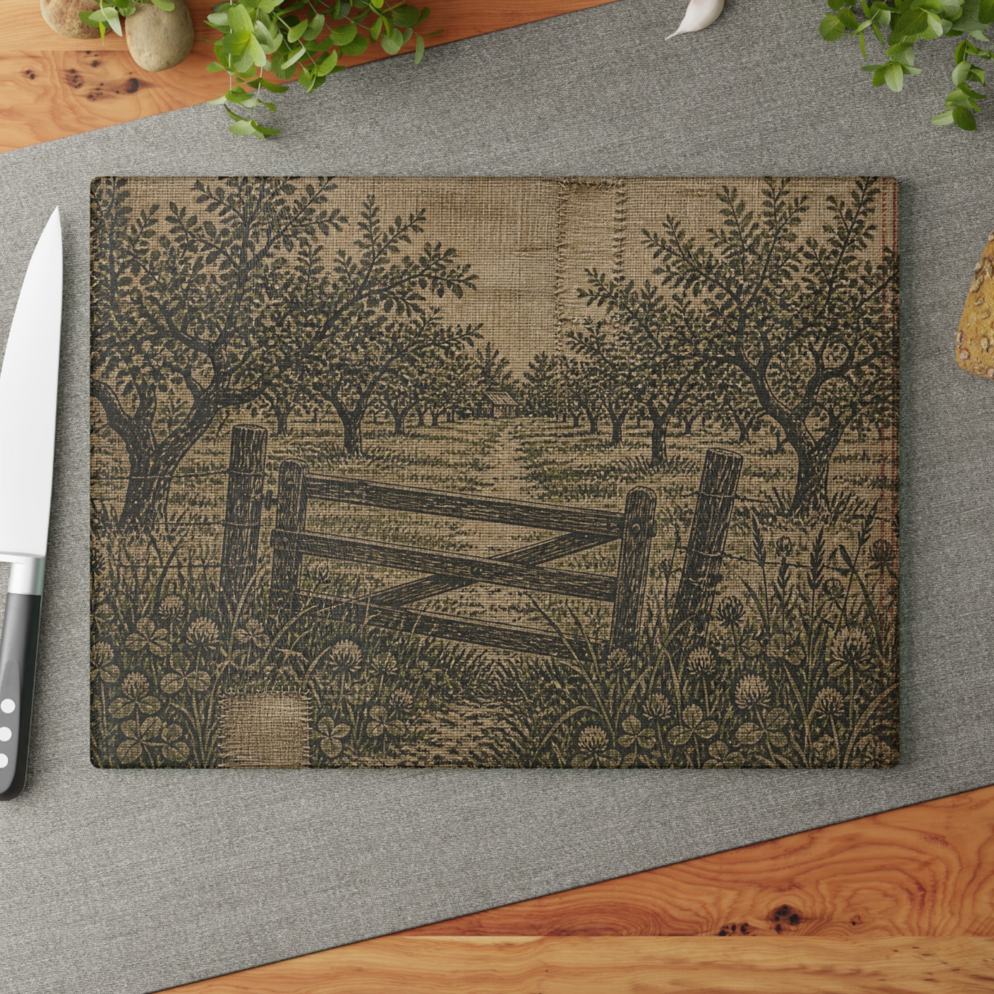Glass Cutting Board – Grain-Sack Orchard Gate | Tempered Glass Charcuterie & Serving Board