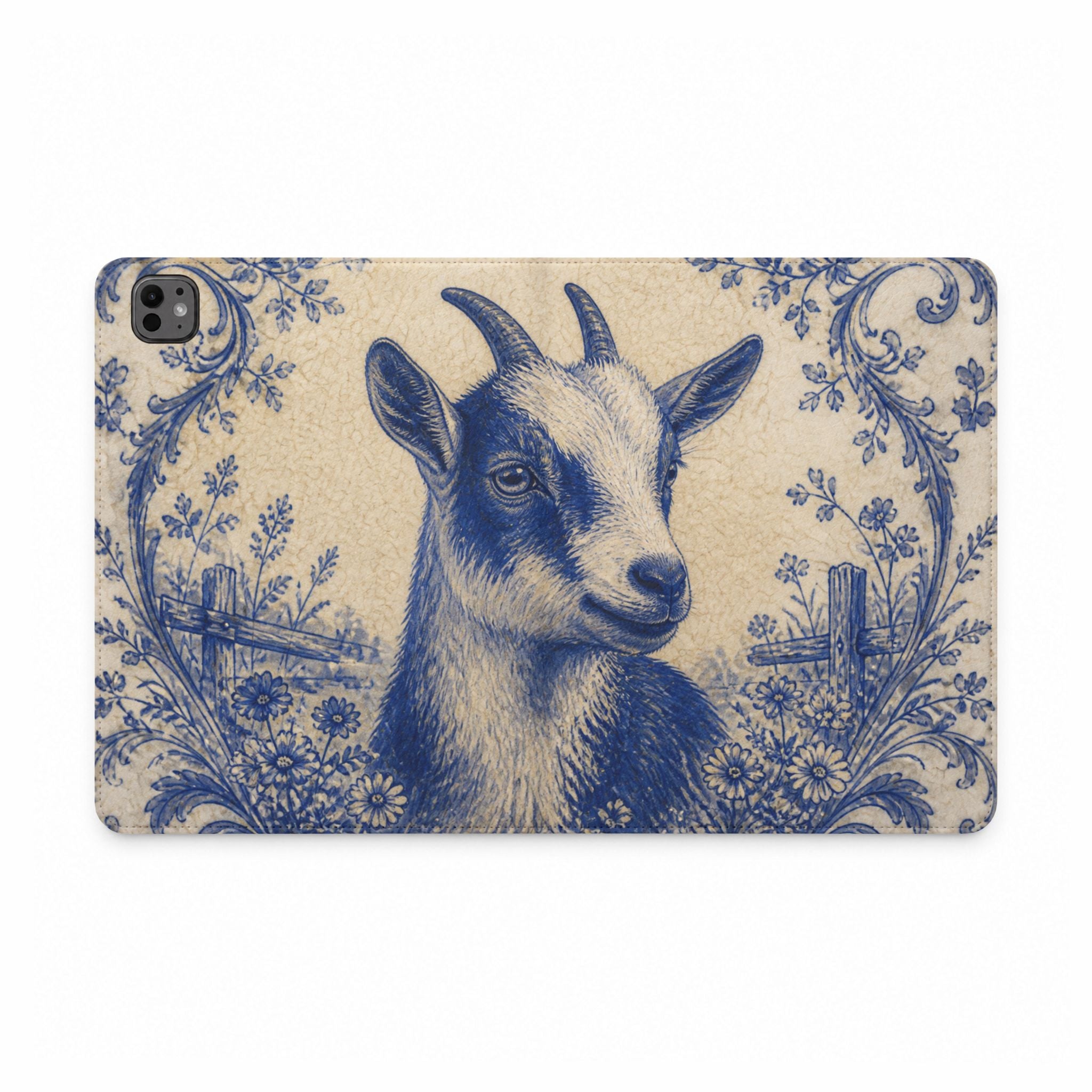 Goat iPad Case – Pygmy Goat - Cobalt Transferware Portrait | Vegan Leather Folio with Card Pockets, All iPad Models