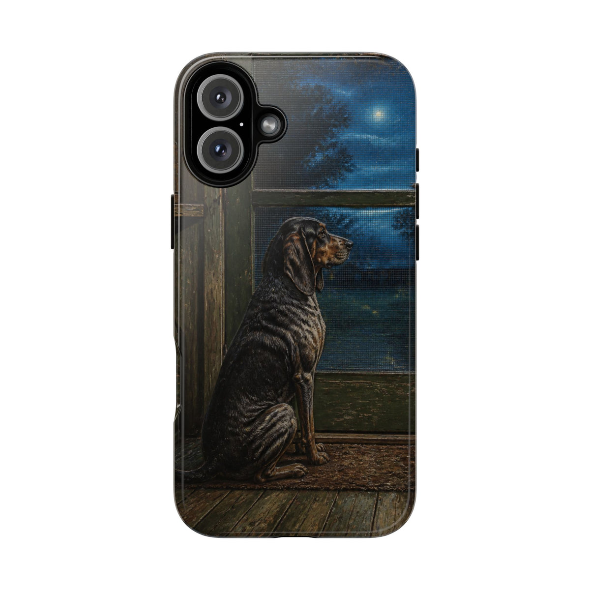 Coonhound Dog iPhone Case – Coonhound at the Screen Door Painted Tin | Tough Dual-Layer Case, iPhone 11–17