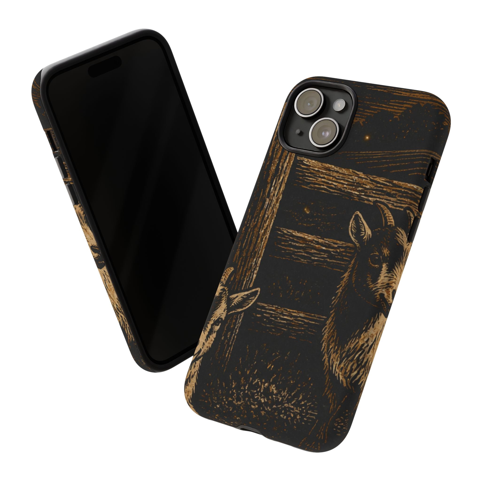 Goat iPhone Case – Pygmy Goats - Night Linocut Fireflies | Tough Dual-Layer Case, iPhone 11–17