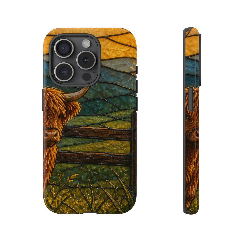 Highland Cow iPhone Case – Mini Highland - Stained Glass Morning Pasture | Tough Dual-Layer Case, iPhone 11–17