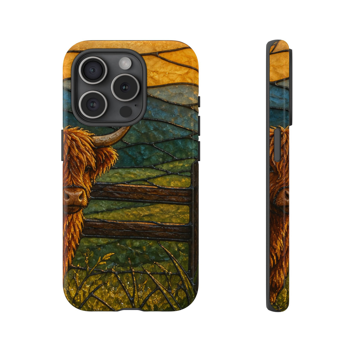 Highland Cow iPhone Case – Mini Highland - Stained Glass Morning Pasture | Tough Dual-Layer Case, iPhone 11–17