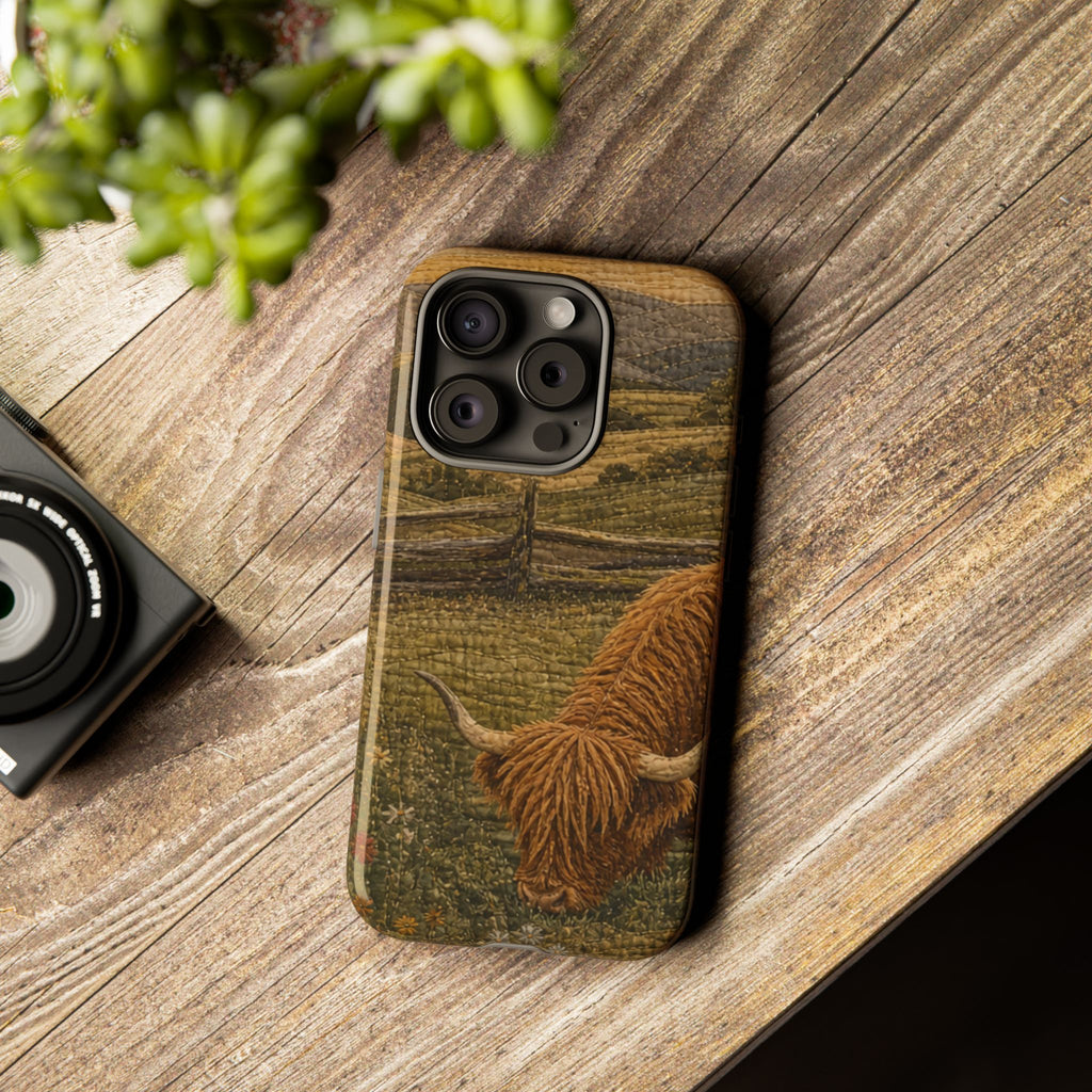 Highland Cow iPhone Case – Mini Highland - Heirloom Quilt Meadow | Tough Dual-Layer Case, iPhone 11–17