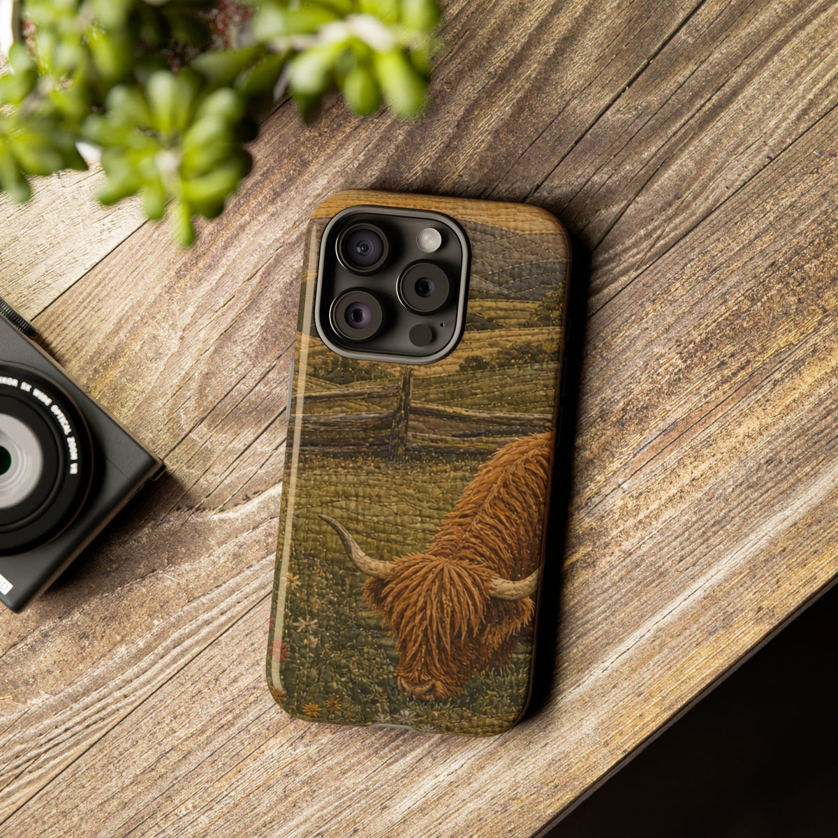 Highland Cow iPhone Case – Mini Highland - Heirloom Quilt Meadow | Tough Dual-Layer Case, iPhone 11–17