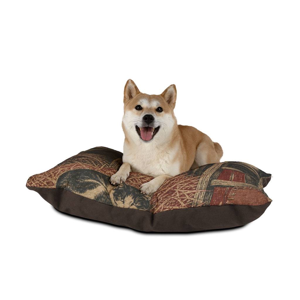Barn Cat Washable Dog Bed – Barn Cats in the Hayloft Flour-Sack Woodblock | Soft Fleece Pet Bed, 3 Sizes
