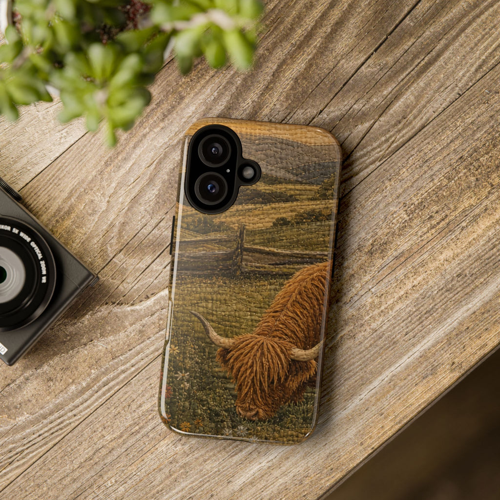 Highland Cow iPhone Case – Mini Highland - Heirloom Quilt Meadow | Tough Dual-Layer Case, iPhone 11–17
